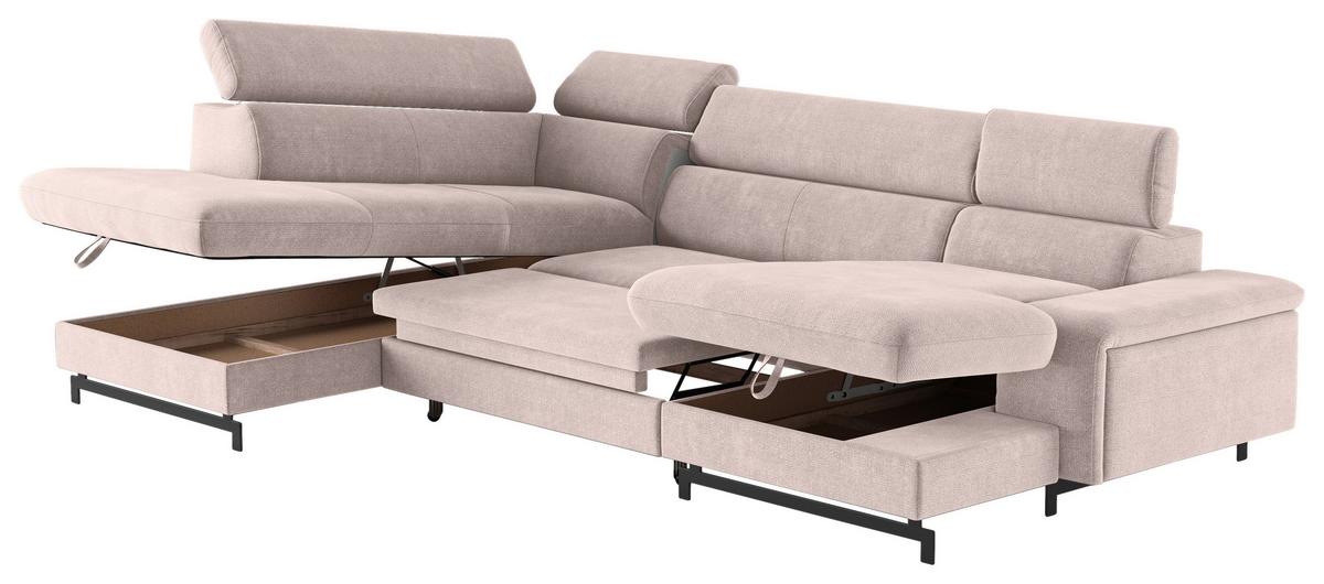 Wohnlandschaft mit Bettkasten Emma Creme - Creme/Schwarz, Textil (215/328/165cm) - MID.YOU