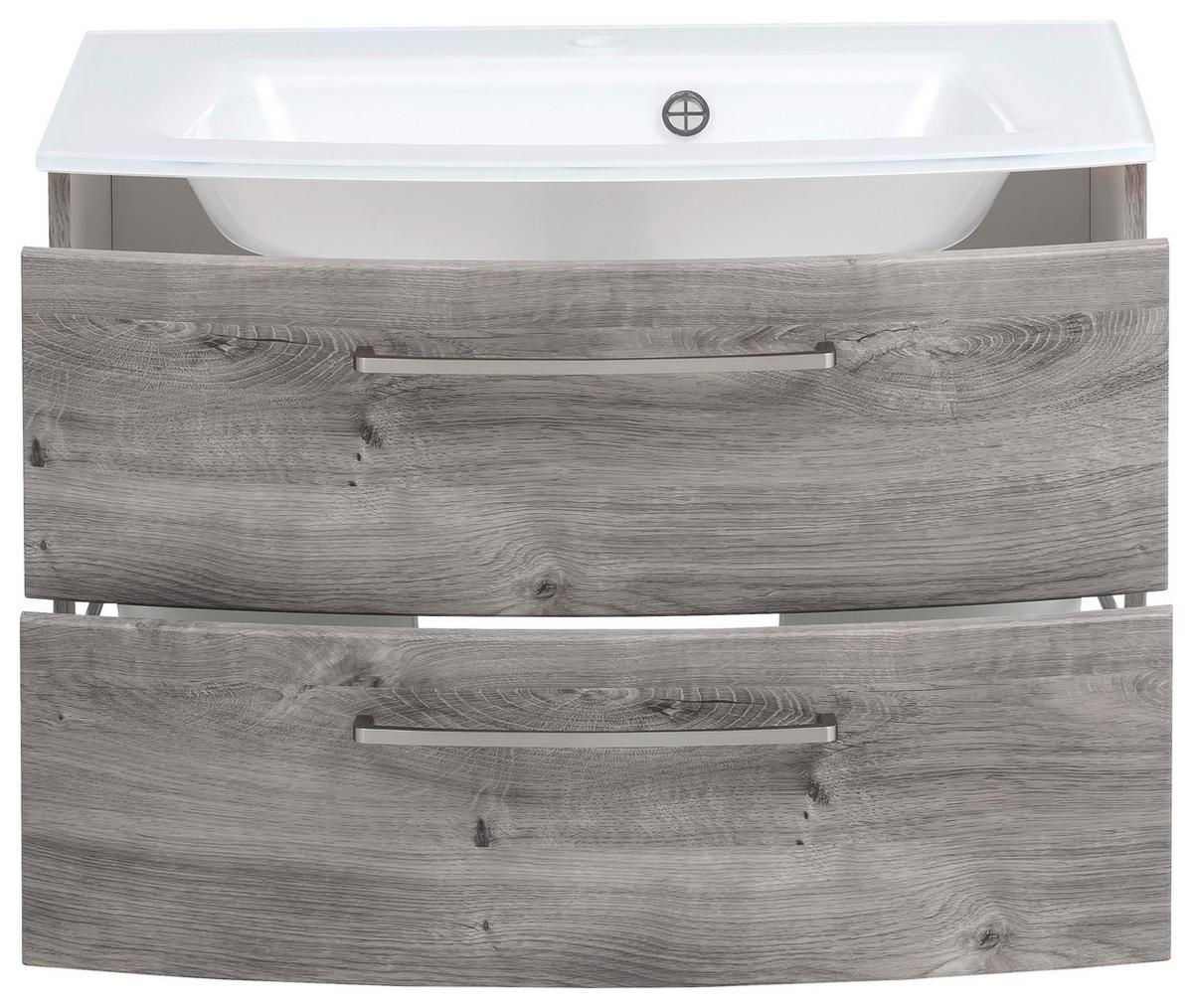 Waschbecken Mit Unterschrank Stockholm B: 80cm Grau Dekor - Eiche grau/Weiß, KONVENTIONELL, Glas/Holzwerkstoff (80cm) - Held