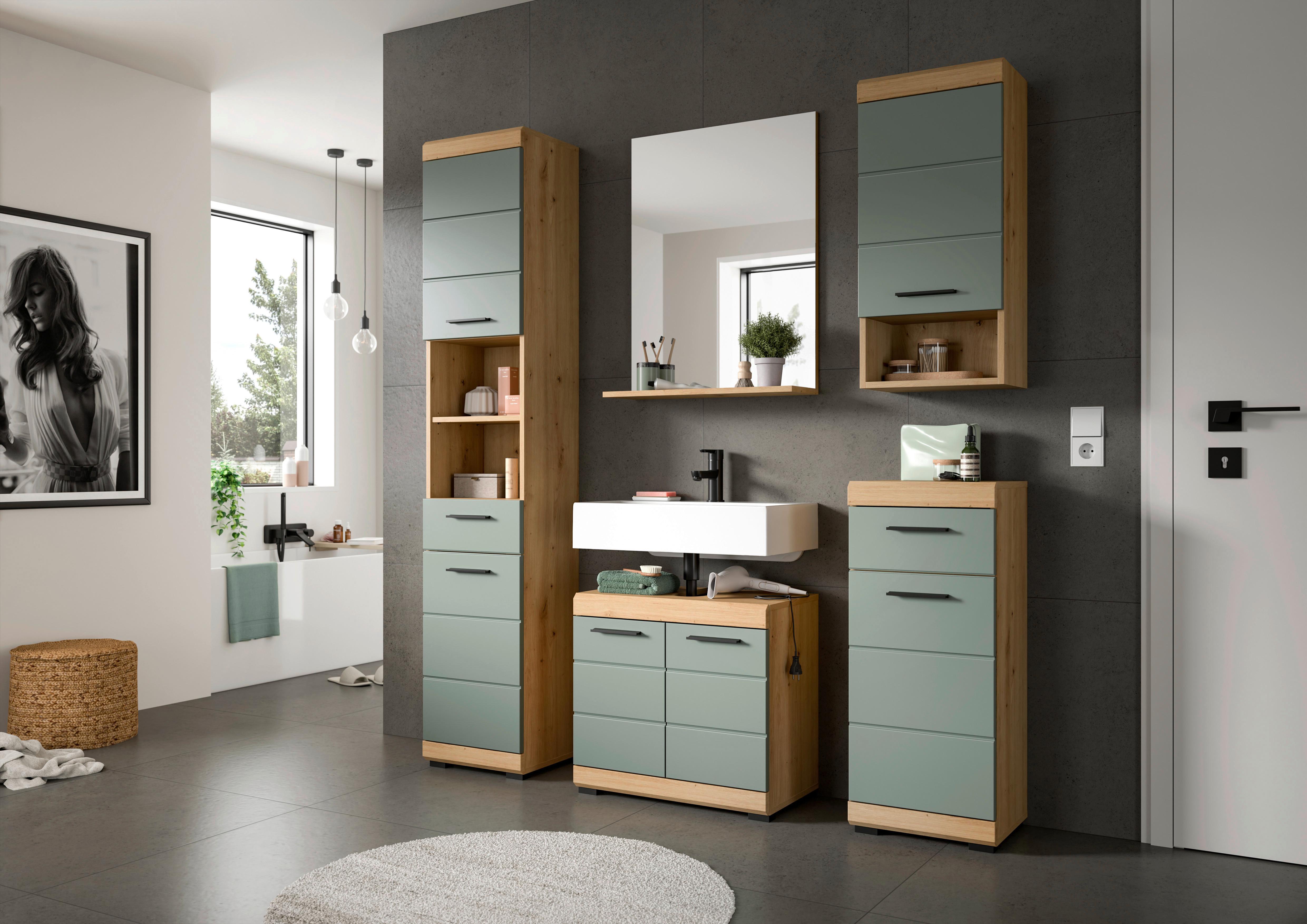 Midischrank Scout Eiche Dekor/Salbeigrün B: 74cm - Salbeigrün/Eichefarben, MODERN, Holzwerkstoff (74/88/31cm) - MID.YOU