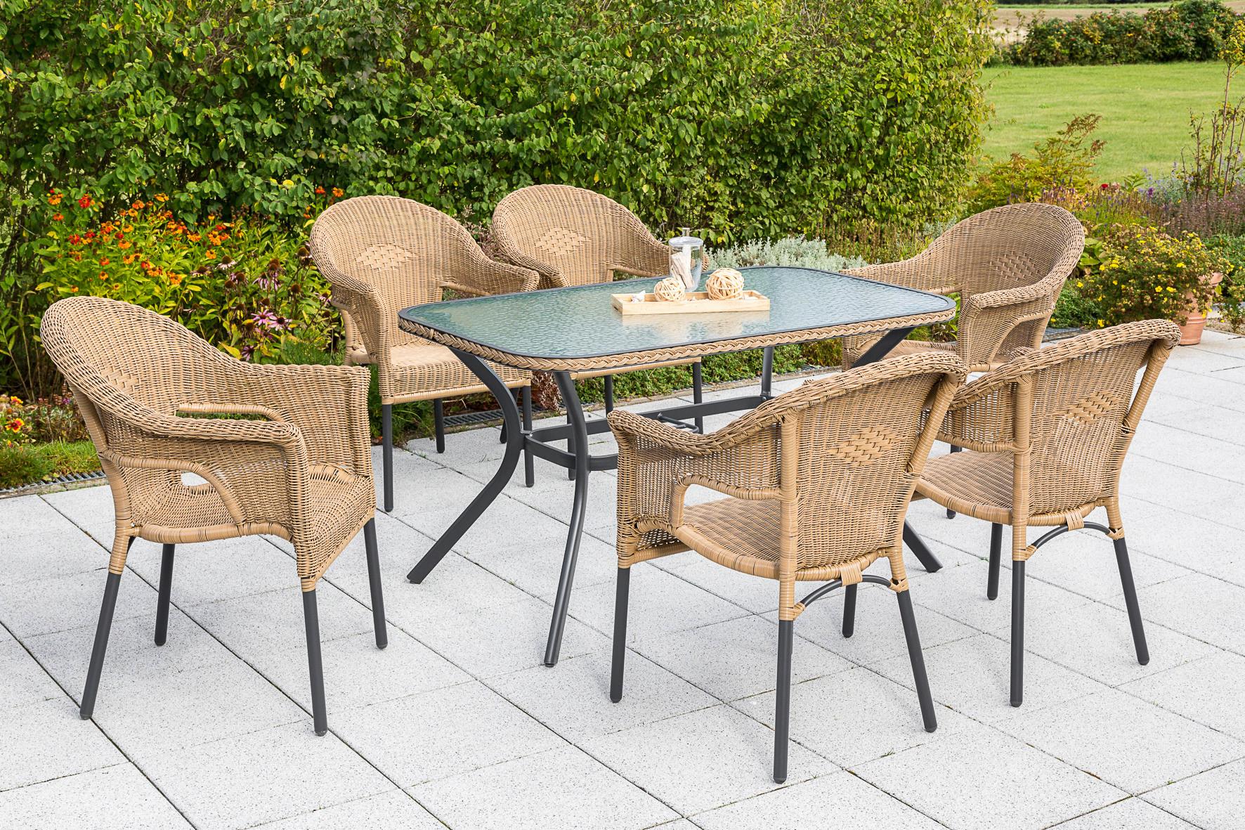 Gartenmöbel Set 7-tlg. Ravenna Metall/Kunststoffgeflecht - Graphitfarben/Naturfarben, ROMANTIK / LANDHAUS, Kunststoff/Metall (150/85/74cm) - Gardenson