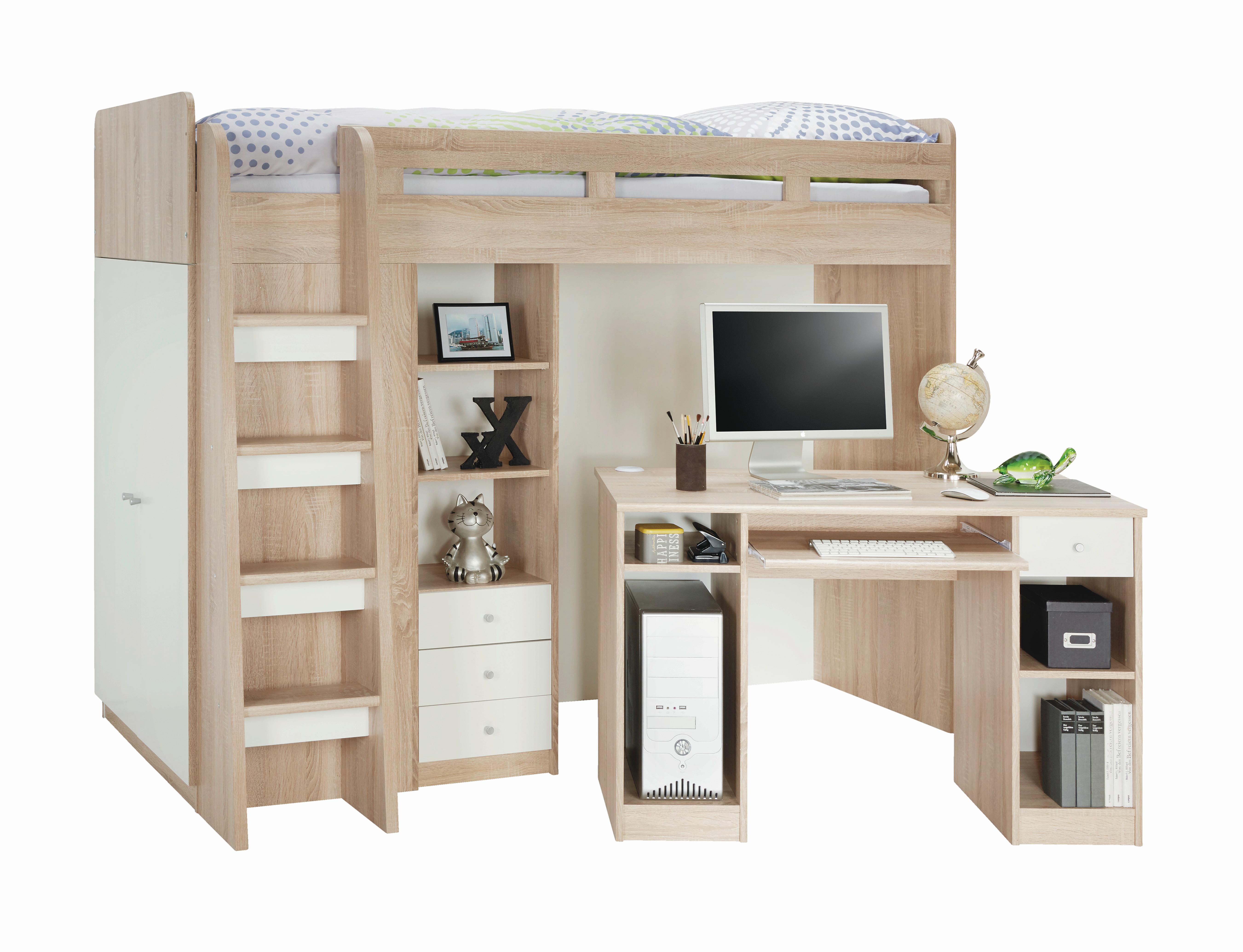 Hochbett Unit inkl. Stauraum U. Tisch, Lf: 90x200 cm - Eichefarben/Weiß, MODERN, Holzwerkstoff (90/200cm) - MID.YOU