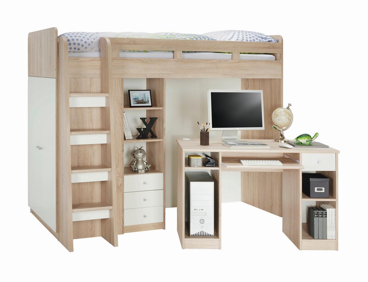 Hochbett Unit inkl. Stauraum U. Tisch, Lf: 90x200 cm - Eichefarben/Weiß, MODERN, Holzwerkstoff (90/200cm) - MID.YOU