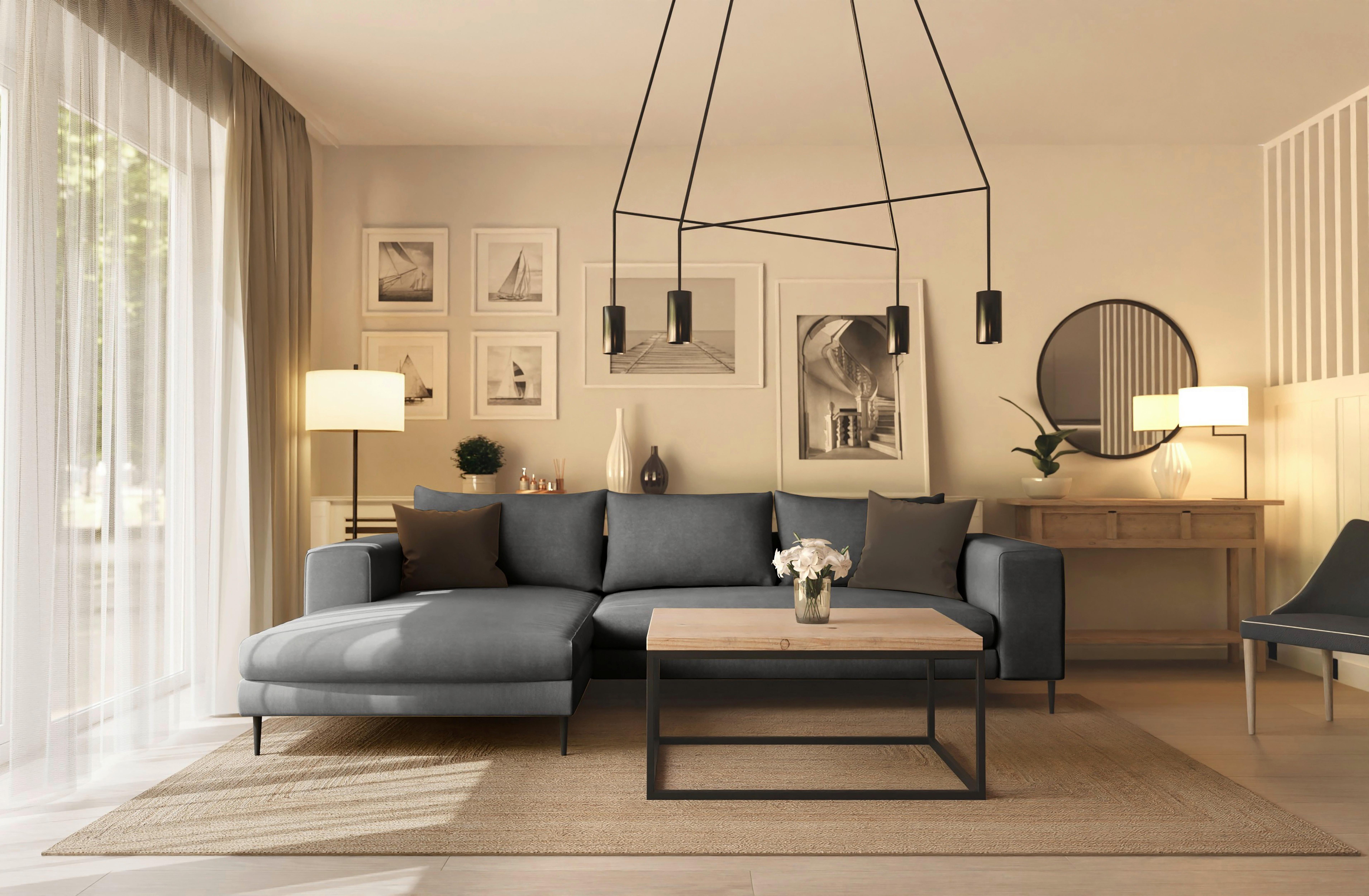 Ecksofa Aurora II - Dunkelgrau/Schwarz, MODERN, Textil (170/325cm) - Trendmanufaktur