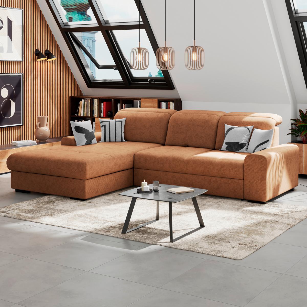 Ecksofa mit Bettfunktion Malaga New Chenille Terracotta - Terracotta/Schwarz, KONVENTIONELL, Textil (203/286cm) - Ondega