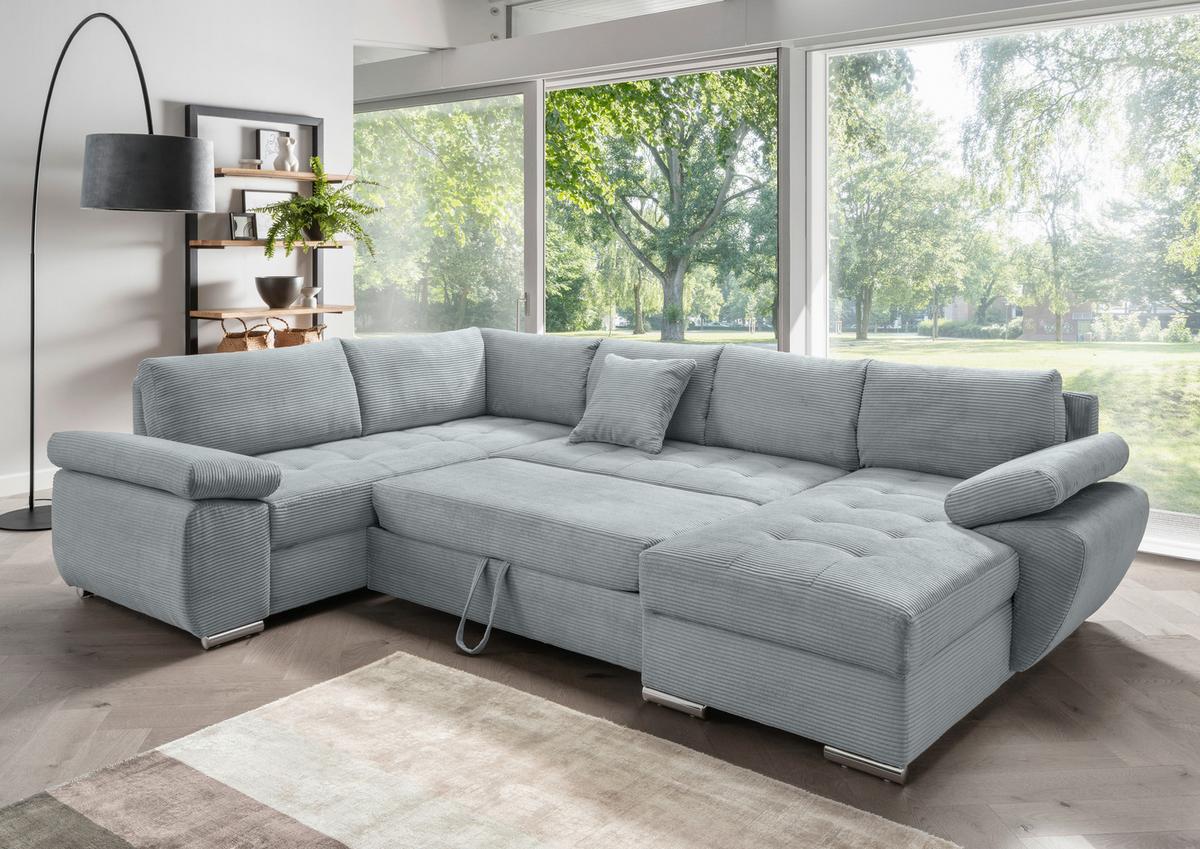 Wohnlandschaft Terana mit Schlaffunktion, Hellblau - Chromfarben/Hellblau, KONVENTIONELL, Textil (219/305/157cm) - Livetastic