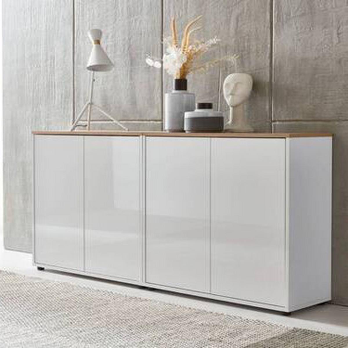 Sideboard Mailand 2 B: 158 cm Weiß - Weiß Hochglanz/Schwarz, MODERN, Holzwerkstoff (158/73/33cm) - MID.YOU