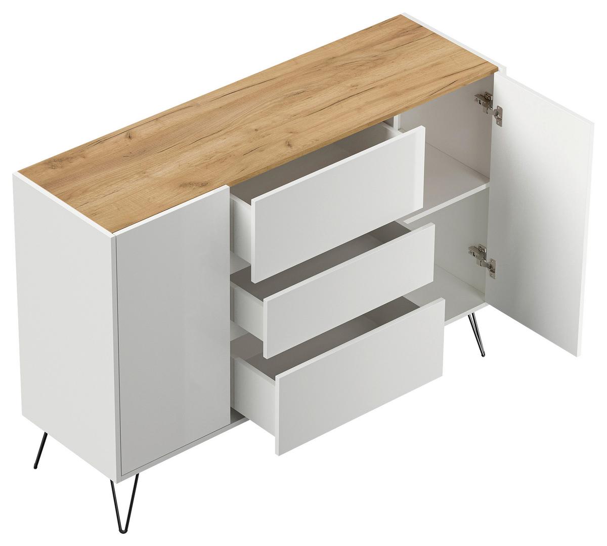 Sideboard Posseik Industrial Eichefarben/Weiß B: 140 cm - Weiß Hochglanz/Eichefarben, Design, Holzwerkstoff (140/93,6/42cm) - P & B