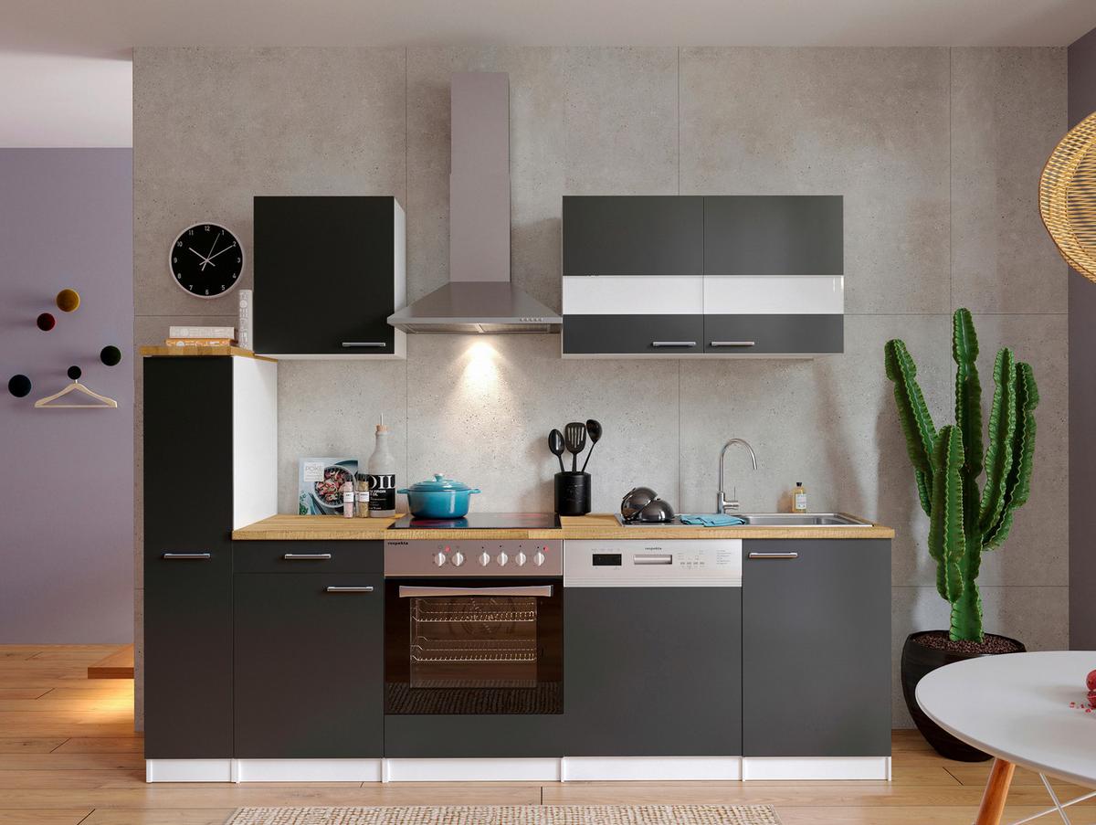 Küchenzeile Economy mit Geräten 250 cm Grau/Nussbaum Dekor - Nussbaumfarben/Weiß, Basics, Holzwerkstoff (250cm) - Respekta