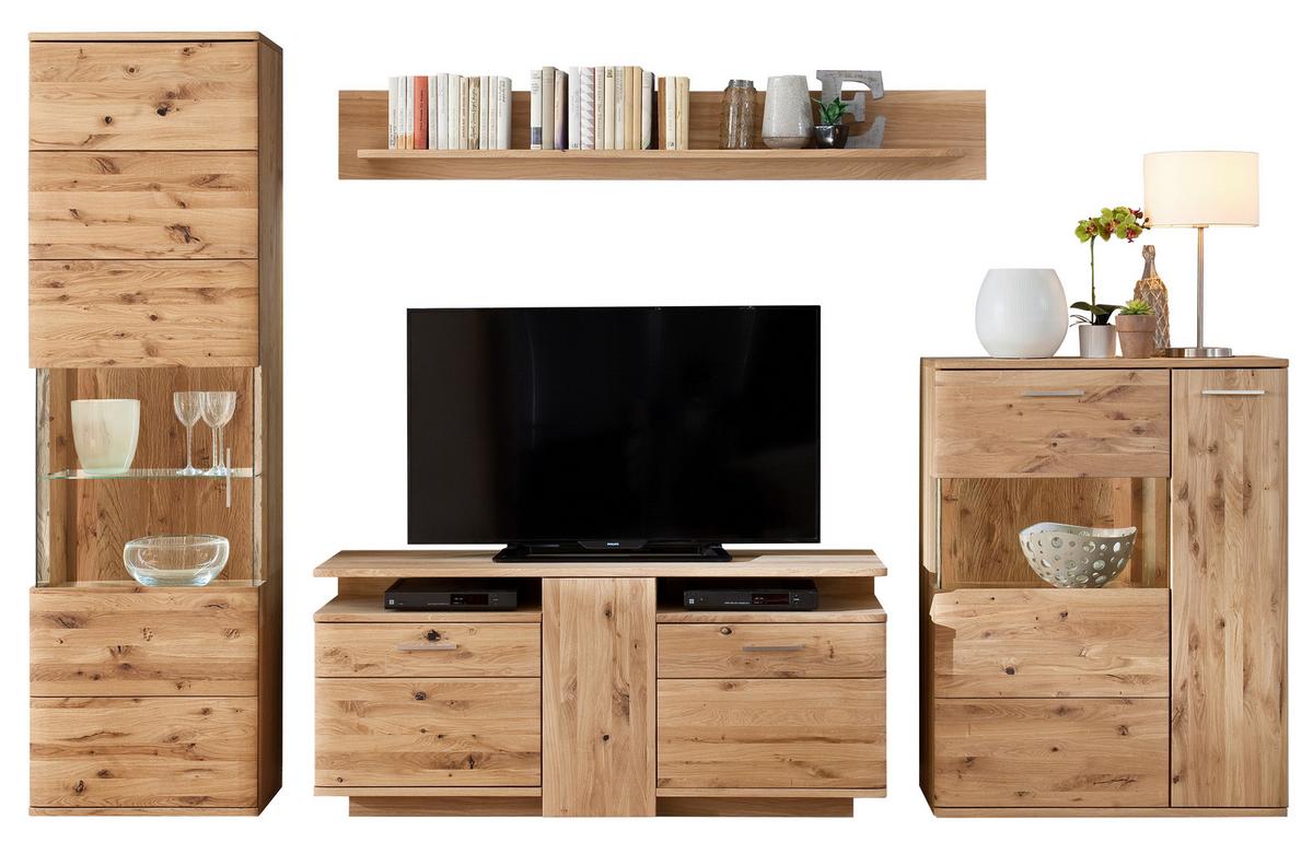 Wohnwand Santori Eiche Teilmassiv - Eichefarben/Schwarz, Design, Glas/Holz (320/208/45cm) - Livetastic