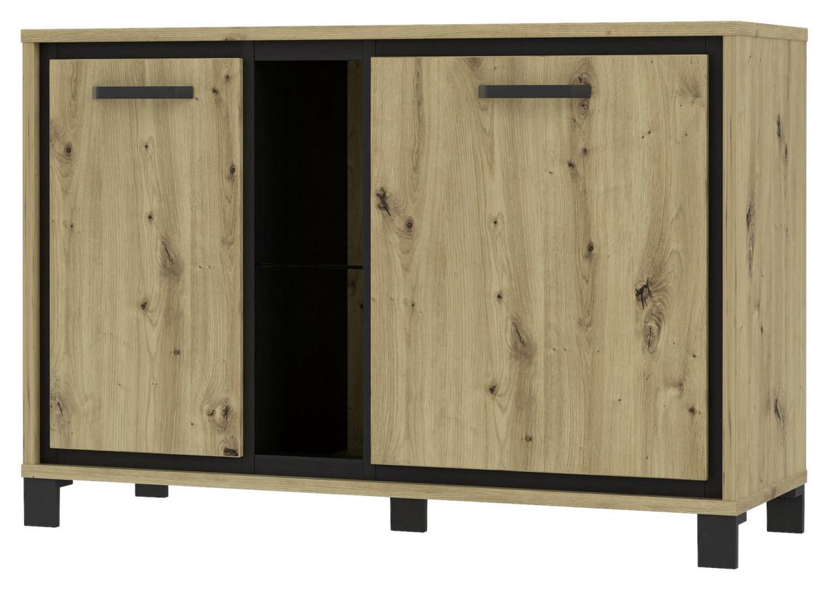 Kommode B: 120,4 cm Trondheim, Eiche Dekor/Schwarz - Eichefarben/Schwarz, Basics, Glas/Holzwerkstoff (120,4/81,3/41,5cm) - Livetastic