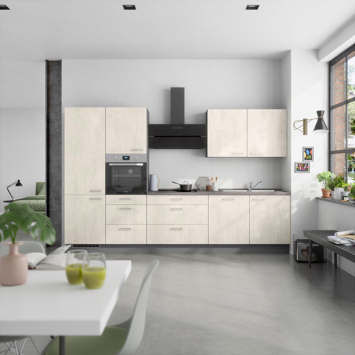 Kuchynská linka 330CM biely betón/ bridlicová šedá - biela/farba ušľachtilej ocele, Modern, kov/kompozitné drevo (330cm) - Nobilia