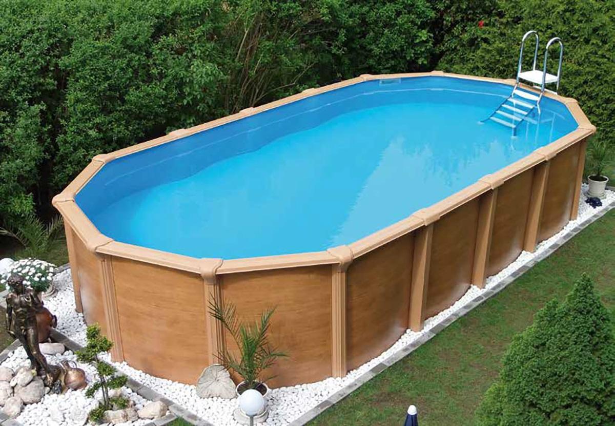 Schwimmbecken Oval Wood Braun mit Leiter L: 730 cm - Braun, Basics, Kunststoff (730/370/130cm)