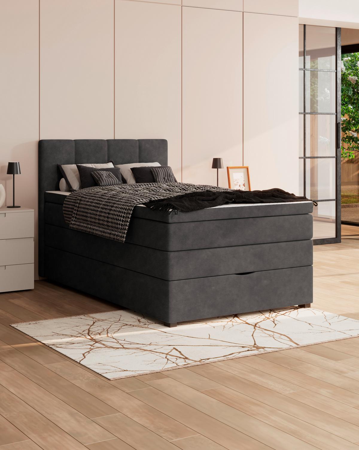 Boxspringbett mit Topper & Bettkasten 120x200 Lauro - Anthrazit/Schwarz, Trend, Textil (120/200cm)