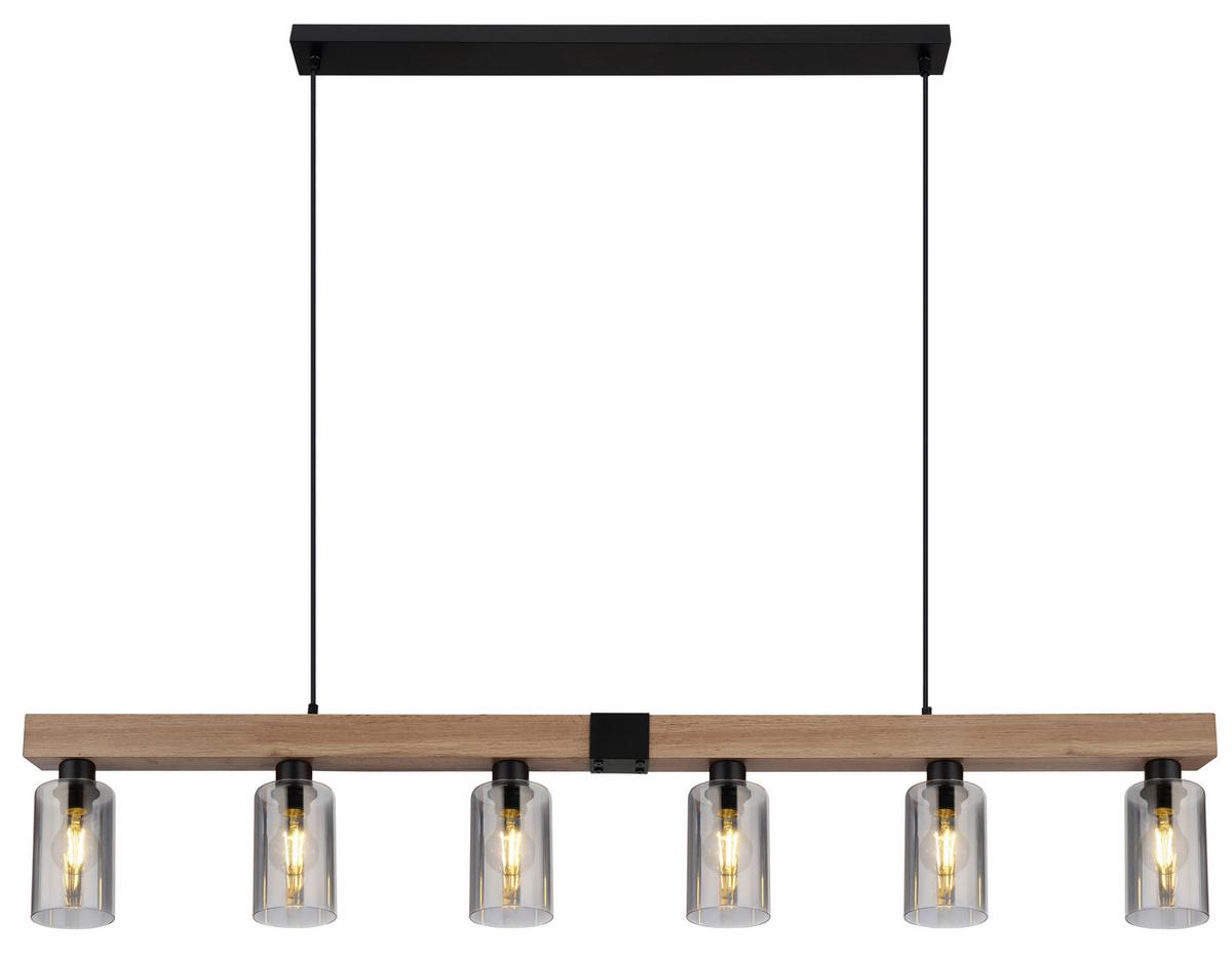 Hängeleuchte Hadera 6-flammig Höhenverstellbar Mit Rauchglas - Dunkelbraun/Schwarz, Natur, Glas/Holzwerkstoff (140/10/120cm) - Globo