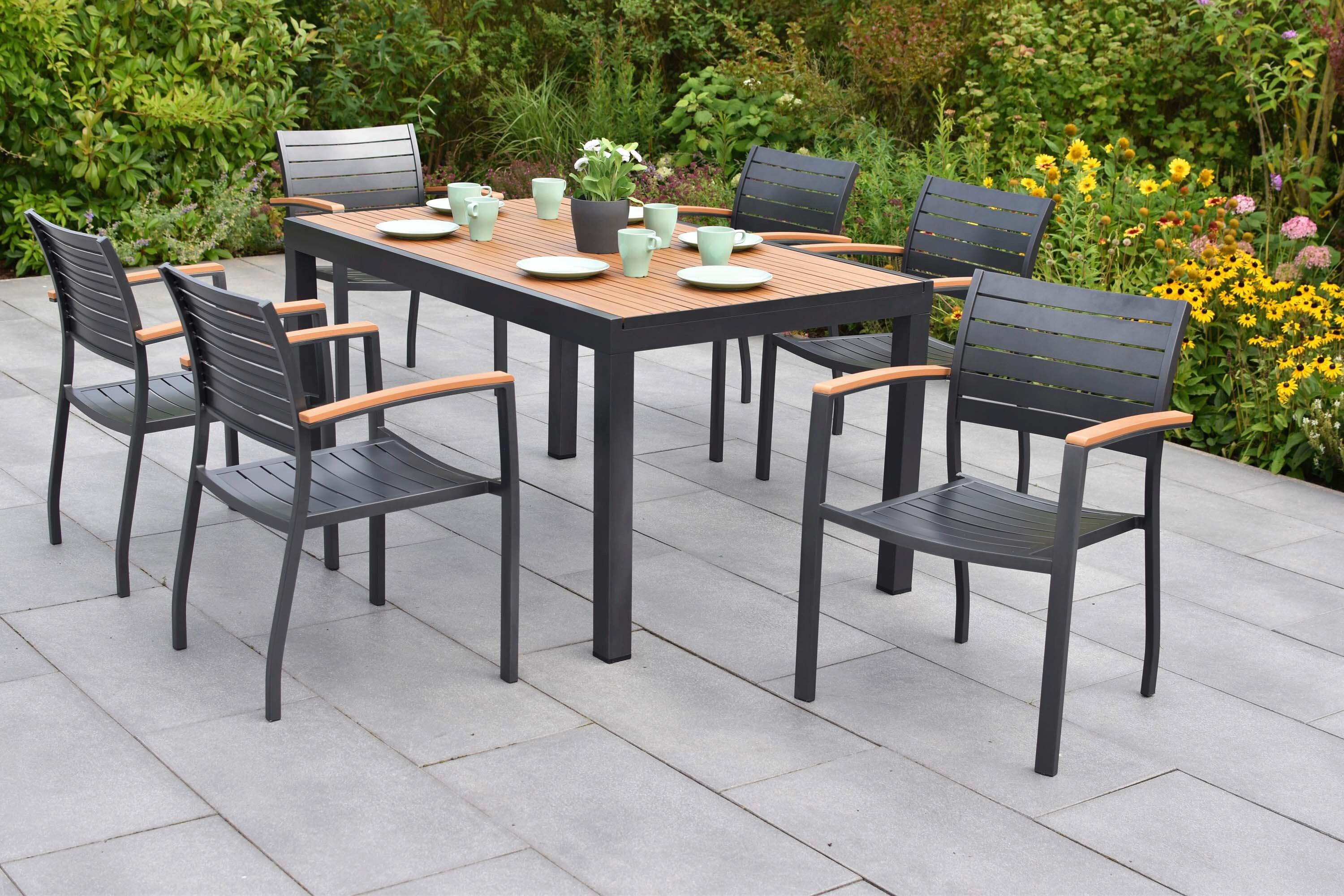 Gartentischgruppe 7-teilig. Set - Graphitfarben/Naturfarben, KONVENTIONELL, Kunststoff/Metall - Gardenson