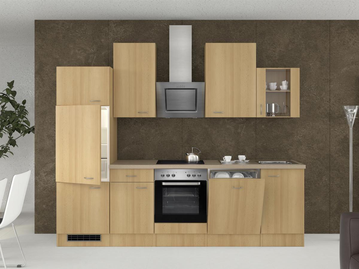 Küchenzeile Nano mit Geräten 280 cm Buche/Creme Dekor - Beige/Buchefarben, MODERN, Glas/Holzwerkstoff (280cm) - FlexWell