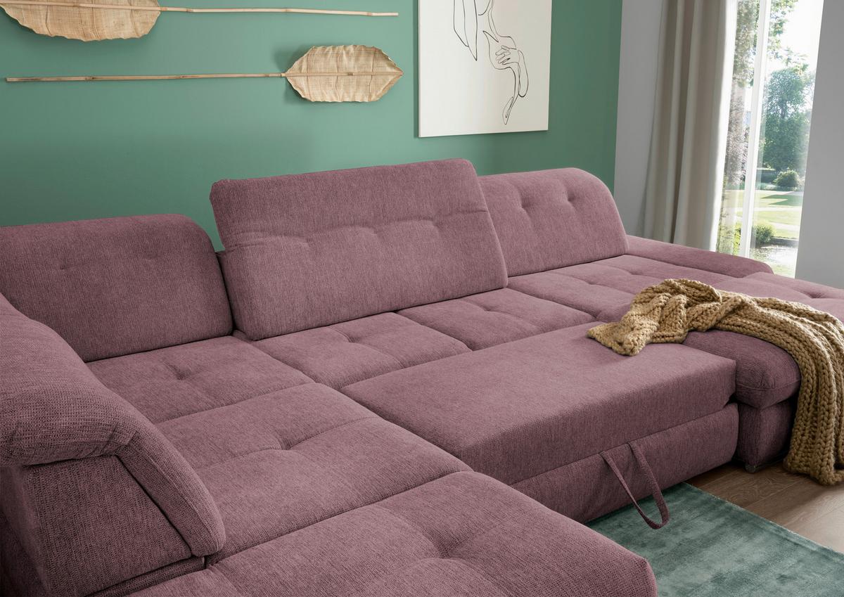 Wohnlandschaft Dalida Mit Schlaffunktion Brombeere - Chromfarben/Brombeere, Design, Textil (254/376/195cm) - Livetastic