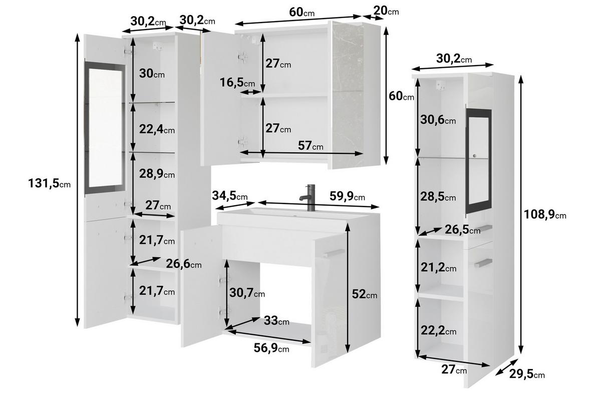 Badmöbel-Set 5-Tlg. inkl. LED Madrit Eiche Dekor/Schwarz Hg - Schwarz Hochglanz/Eiche Wotan, Basics, Glas/Holzwerkstoff (120cm) - P & B