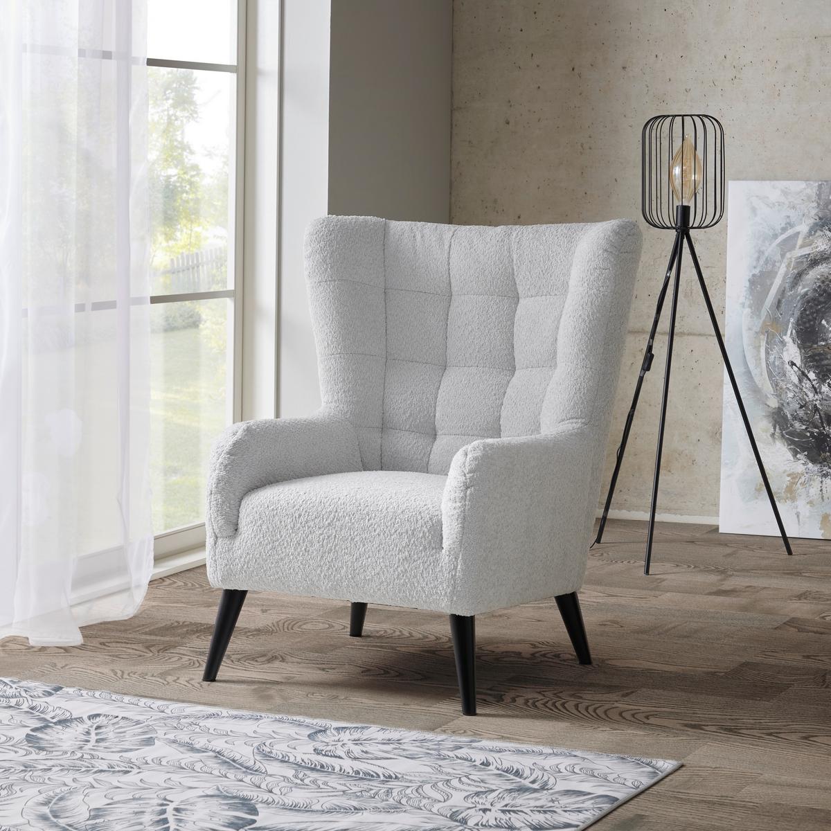 Ohrensessel Casey Bouclé Synthetikfaser Hellgrau - Hellgrau/Schwarz, MODERN, Textil (94/107/86cm)