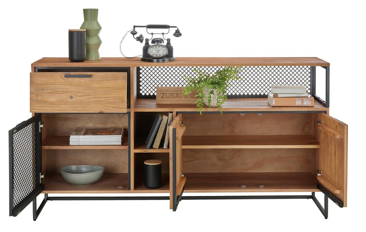 ŠIROKÁ KOMODA RUSTY - přírodní barvy/antracitová, Moderní, kov/dřevo (169/89/40cm) - Zandiara