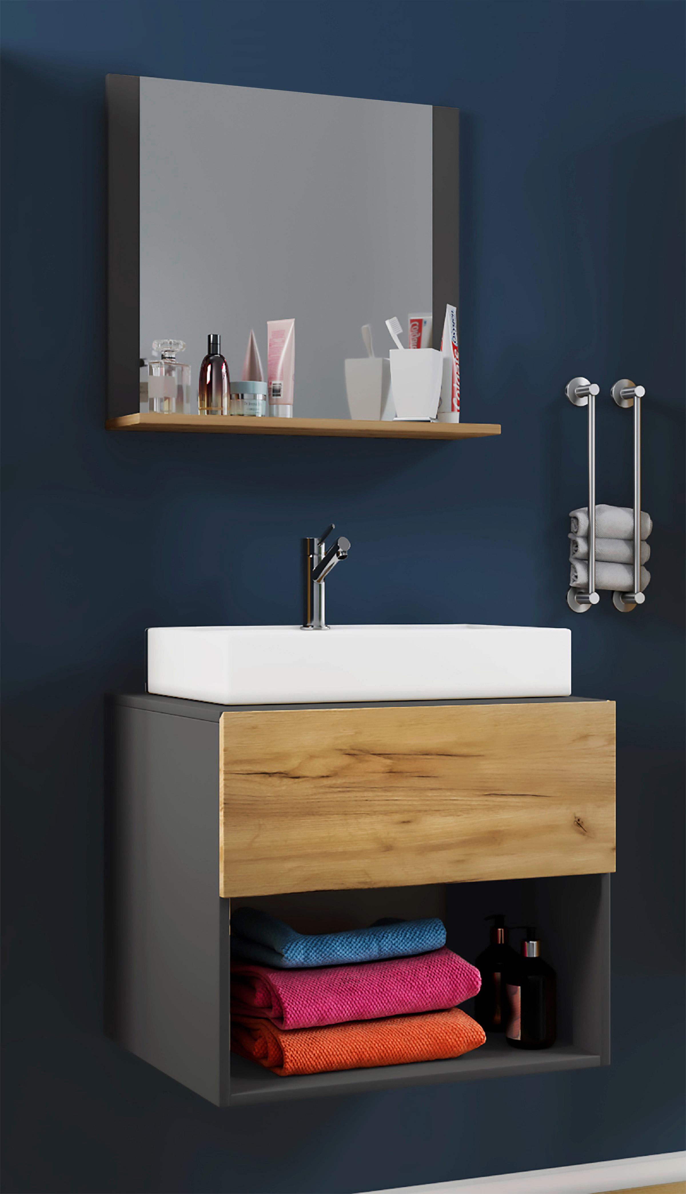 Badmöbel-set 3-tlg. Lendas B: 60 Cm Anthrazit/eiche Dekor - Honigeiche/Anthrazit, MODERN, Glas/Keramik (60cm) - MID.YOU