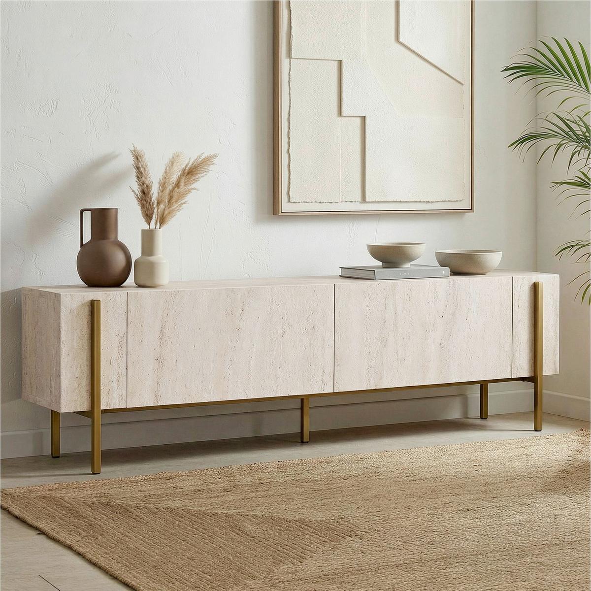 TV-ELEMENT Travertine/Gold B: 180cm - Elfenbein/Goldfarben, MODERN, Holzwerkstoff (180/45/30cm)