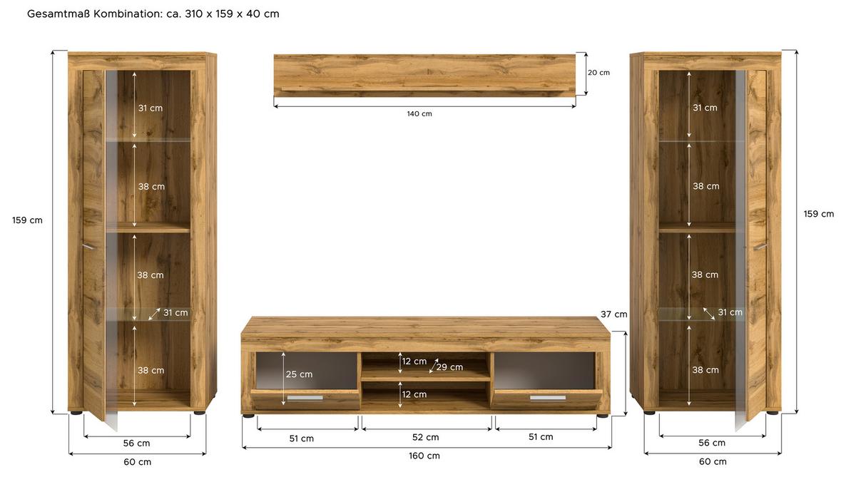 Wohnwand Jam Eiche Wotan Dekor B: 310cm - Eiche Wotan/Schwarz, Design, Glas/Holzwerkstoff (310/159/35cm) - MID.YOU