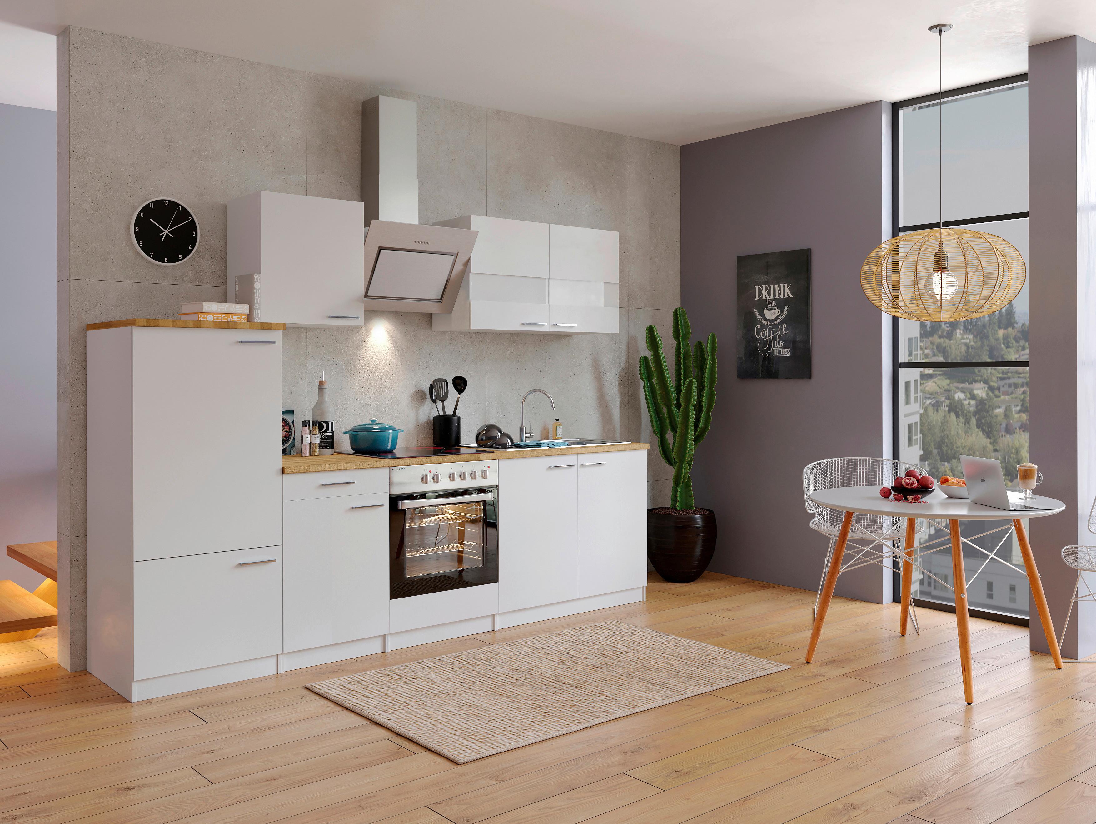 Küchenzeile Economy mit Geräten 270 cm Weiß/Nussbaum Dekor - Nussbaumfarben/Weiß, Basics, Holzwerkstoff (270cm) - Respekta