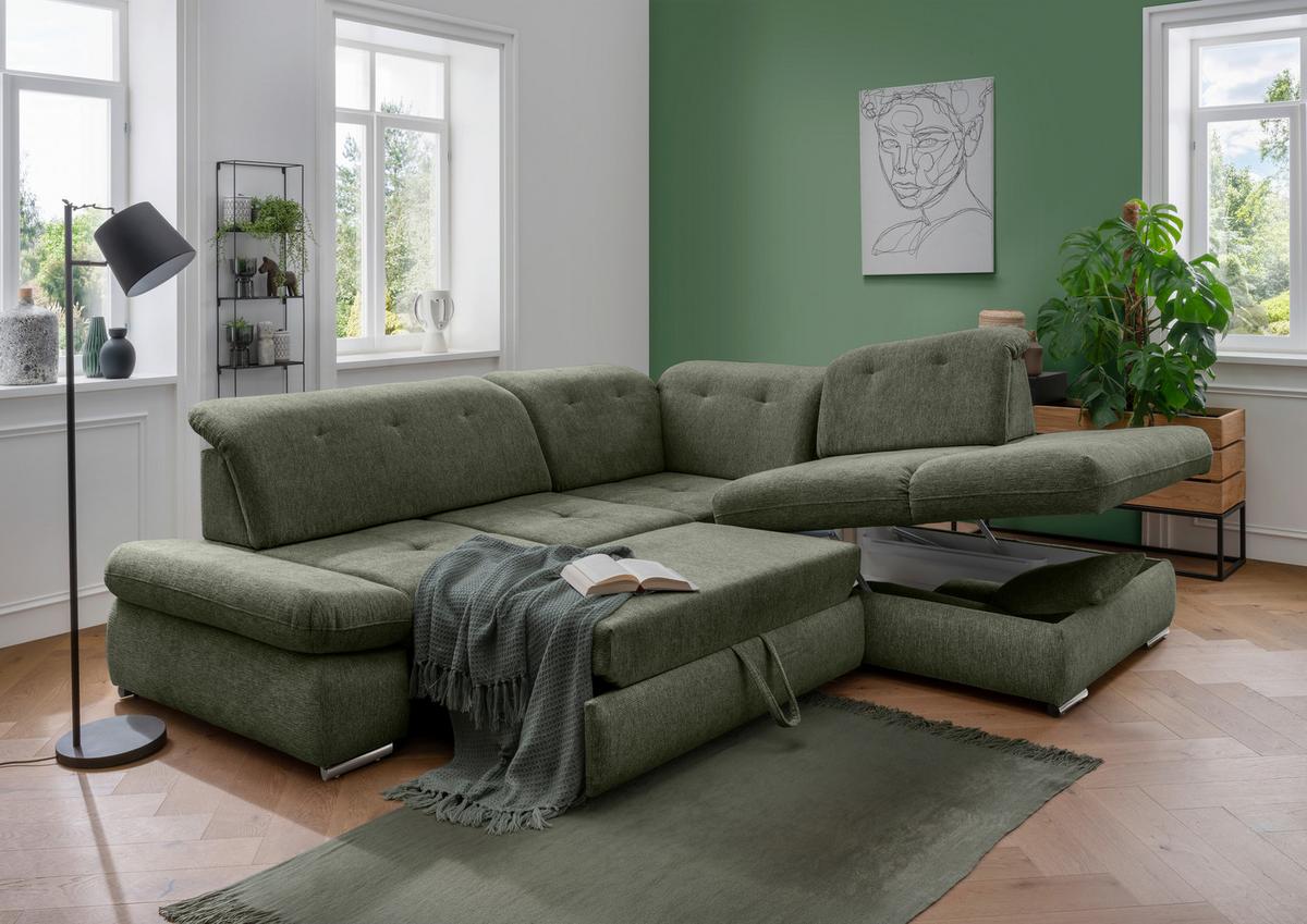 Ecksofa Mit Schlaffunktion Dalida Dunkelgrün,s:280x254 Cm - Chromfarben/Dunkelgrün, Design, Textil (280/254cm) - Livetastic