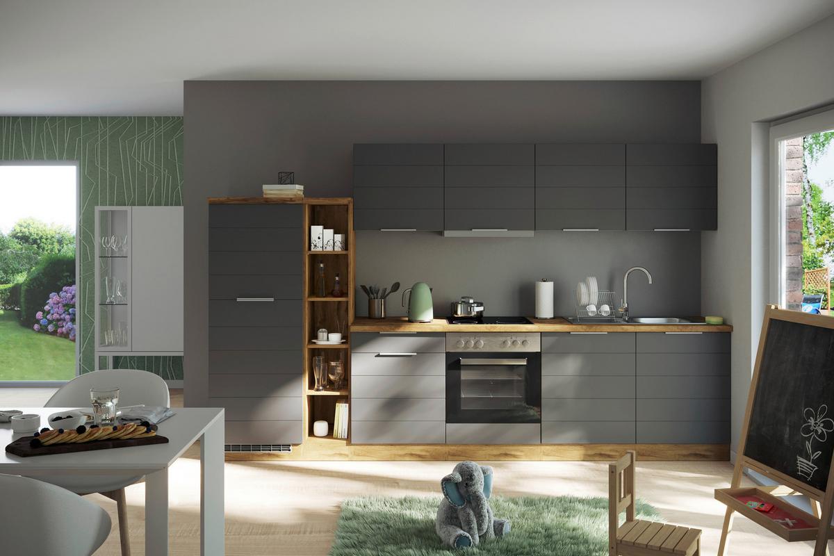 Küchenzeile Florenz Mit Geräte B: 330 Cm Grau/eiche Dekor - Eiche Wotan/Grau, Design, Holzwerkstoff (330cm) - Held