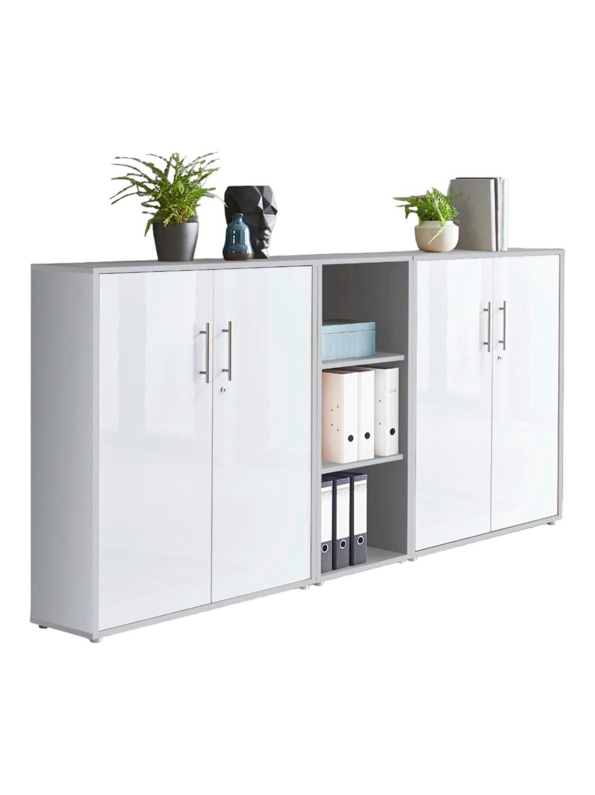 Office Edition B: 213 cm Grau/Weiß Hochglanz - Weiß Hochglanz/Grau, MODERN, Holzwerkstoff (213/114/33cm) - MID.YOU