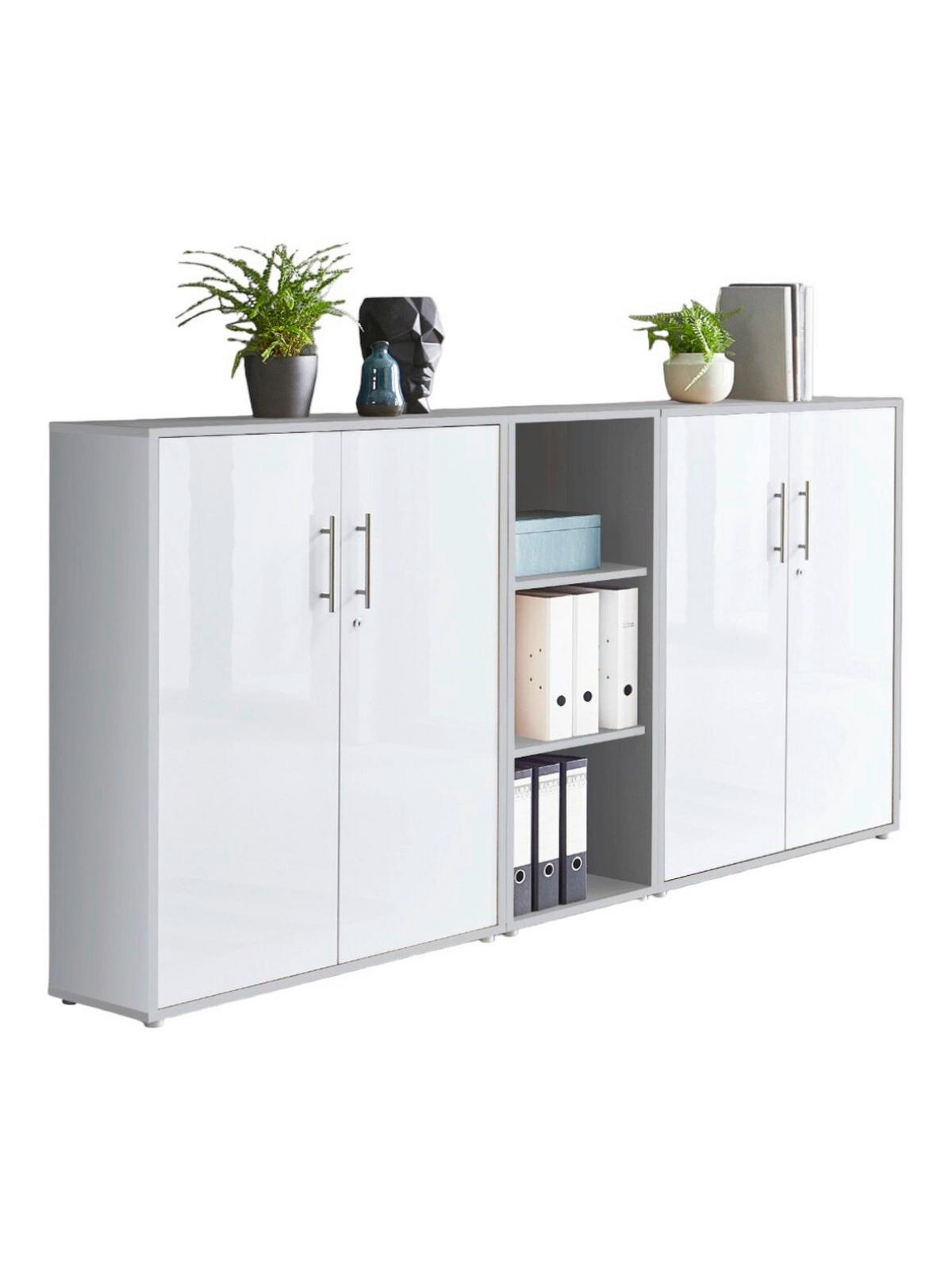 Office Edition B: 213 cm Grau/Weiß Hochglanz - Weiß Hochglanz/Grau, MODERN, Holzwerkstoff (213/114/33cm) - MID.YOU
