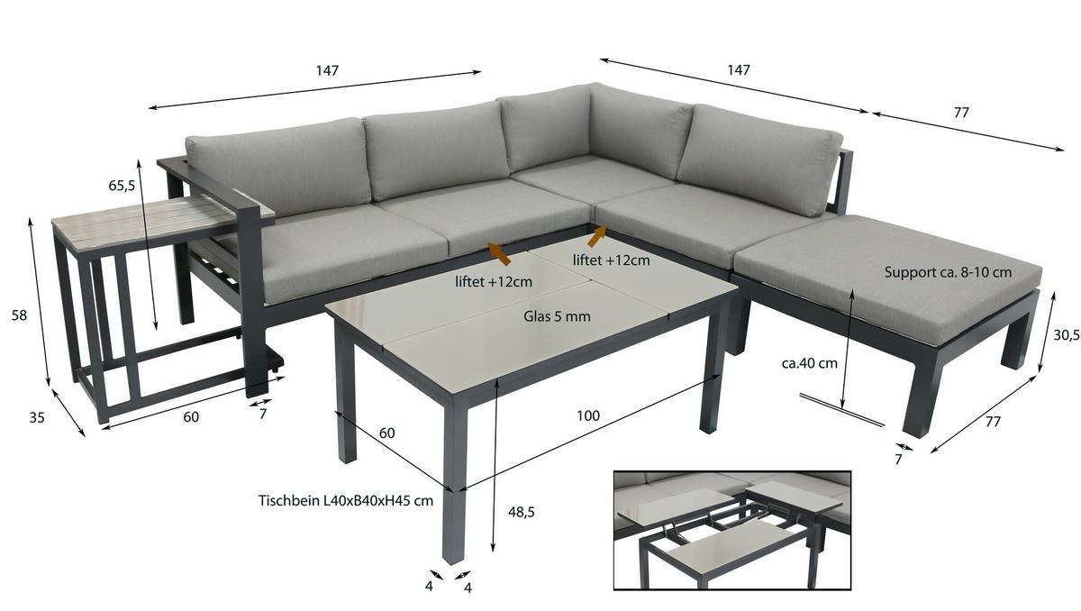 Loungegarnitur Miranda - Anthrazit/Grau, Basics, Glas/Kunststoff (177/65,5/247cm) - Gardenson