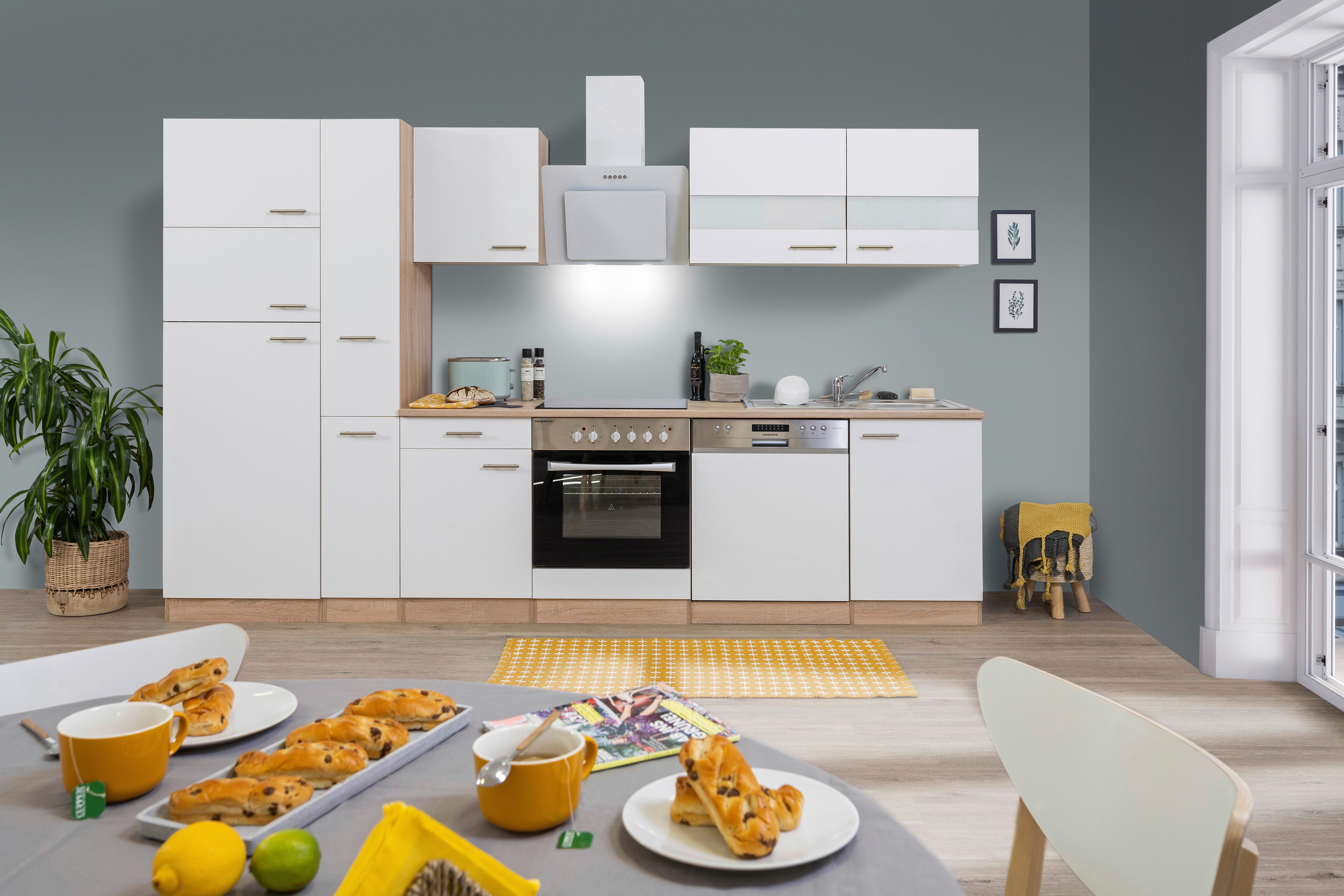 Küchenzeile Economy mit Geräten 310 cm Weiß/Eiche Dekor Modern - Eichefarben/Weiß, Basics, Holzwerkstoff (310cm) - Respekta