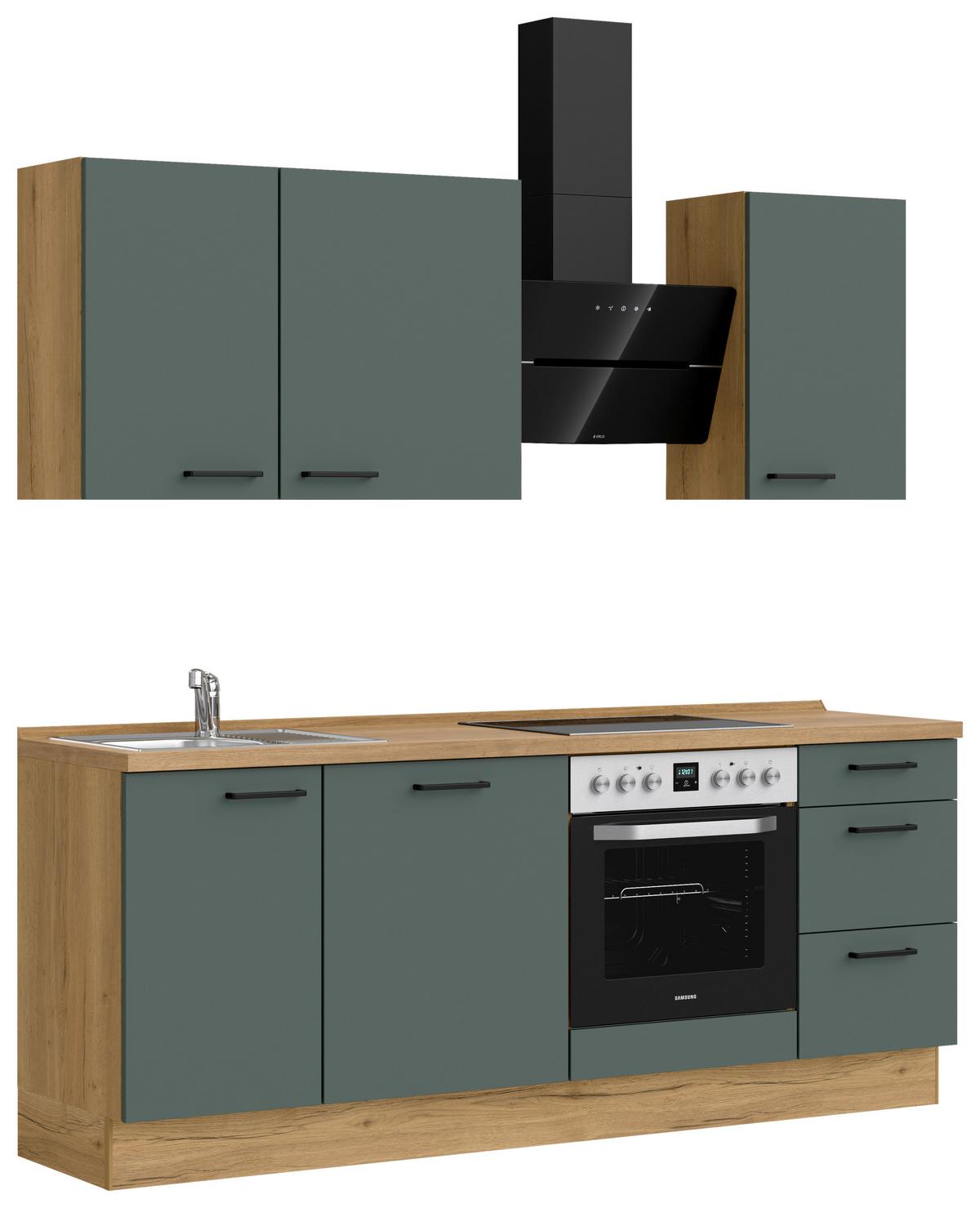 Kuchynská linka 210 cm, minerálna zelená,ultra matná - barvy dubu/černá, Moderní, kov/kompozitní dřevo (210cm) - Nobilia