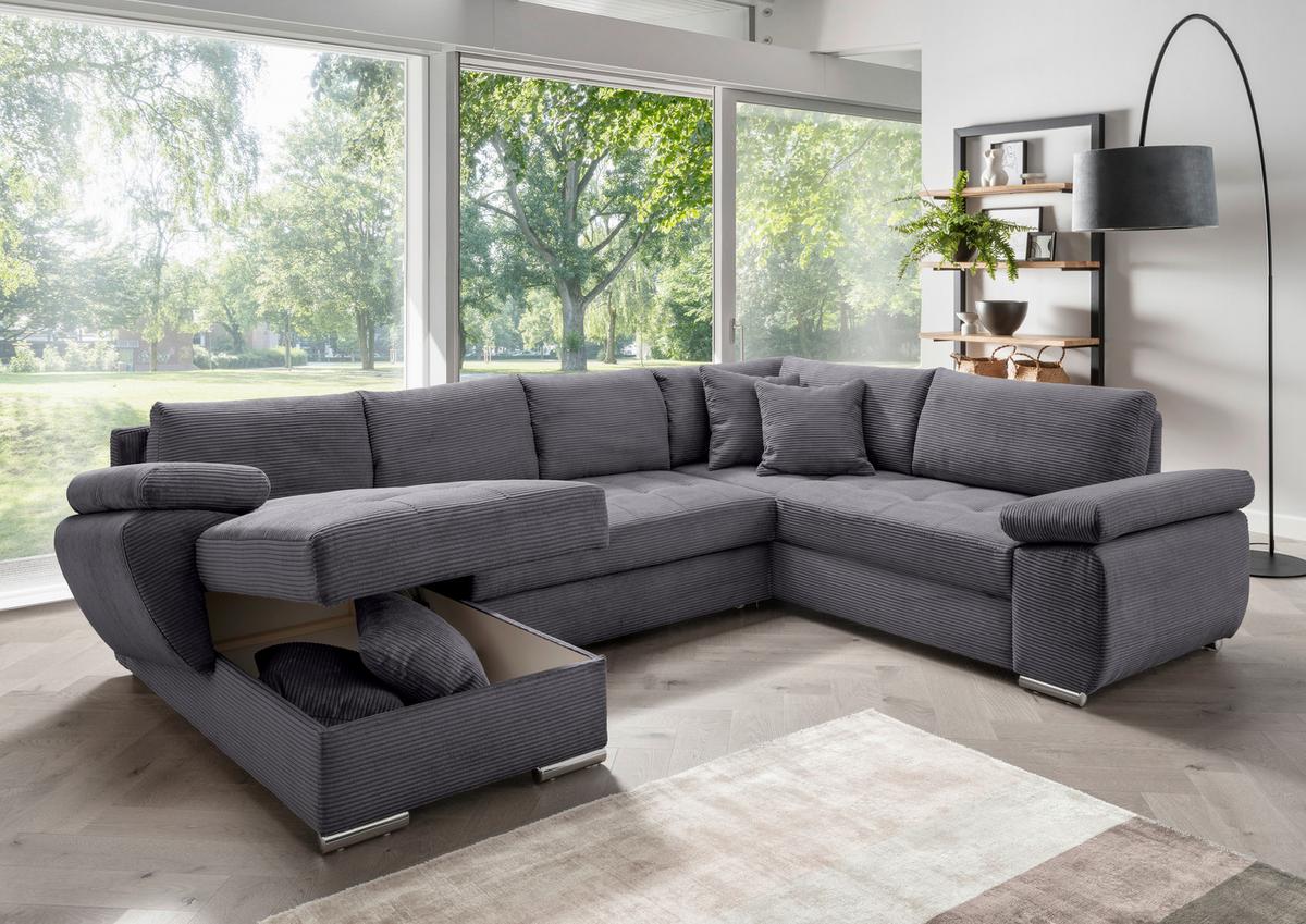 Wohnlandschaft Terana mit Schlaffunktion, Grau - Chromfarben/Grau, KONVENTIONELL, Textil (157/305/219cm) - P & B