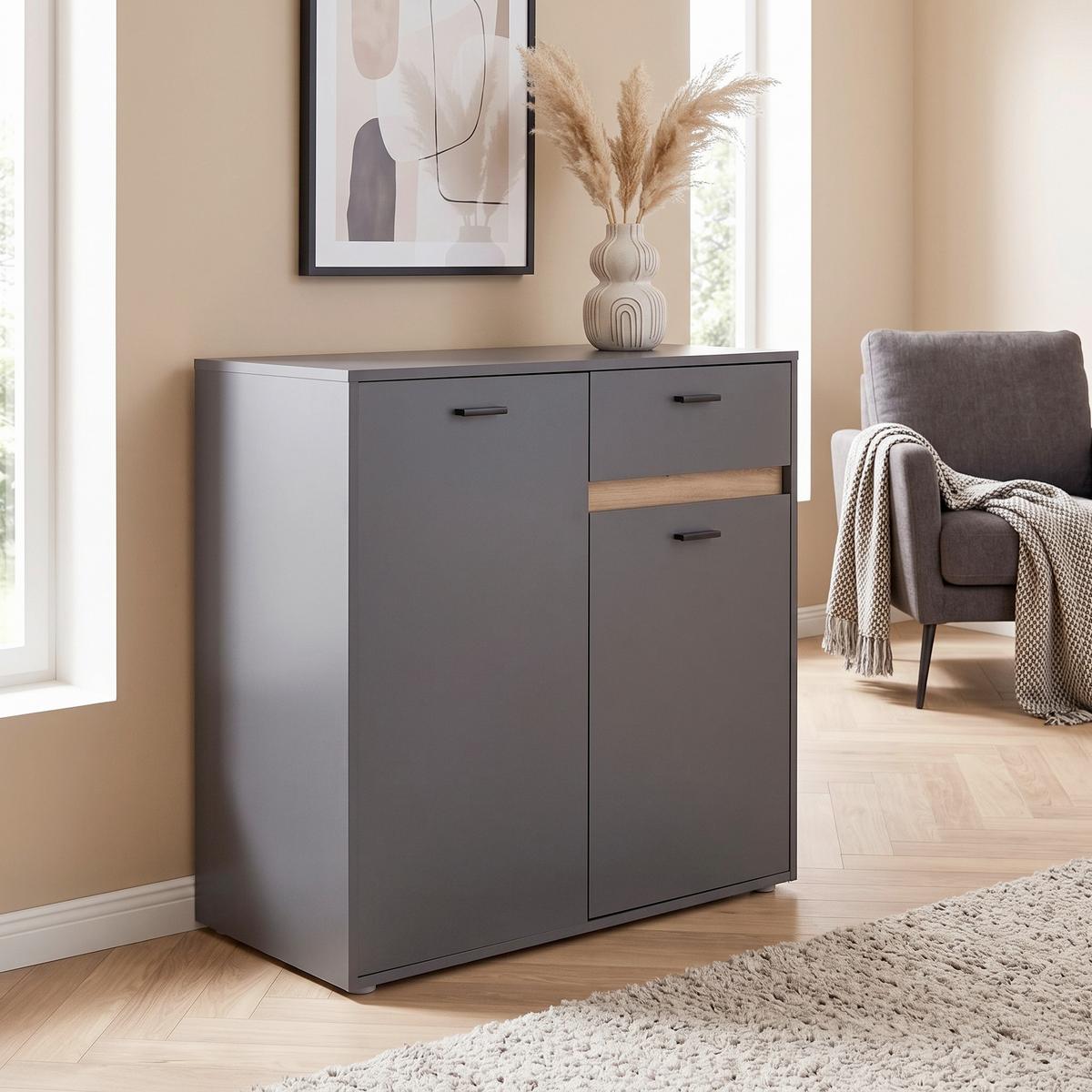 Kommode mit Bügelgriff B: 93,4 cm Slot 2T Dunkelgrau - Dunkelgrau, MODERN, Holzwerkstoff (93,4/90/40cm)