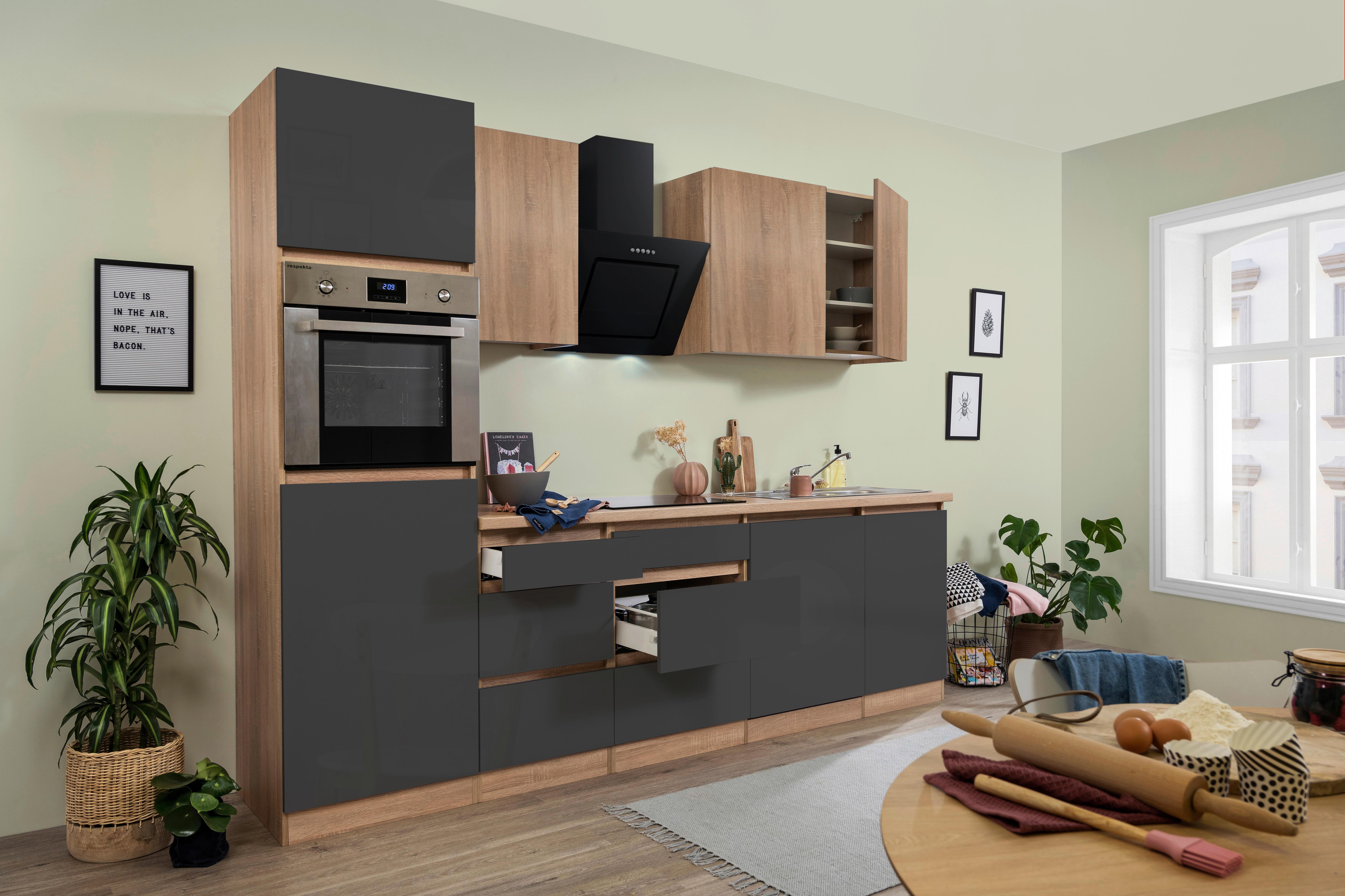 Küchenzeile Premium mit Geräten 280 cm Grau/Eiche Dekor - Eichefarben/Grau, Basics, Holzwerkstoff (280cm) - Respekta
