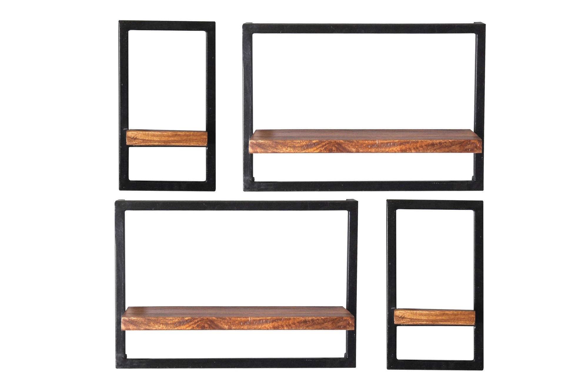 Wandregalset 4--teilig. Mangoholz B: 75cm - Schwarz/Naturfarben, Design, Holz/Metall (75/75/25cm) - MID.YOU