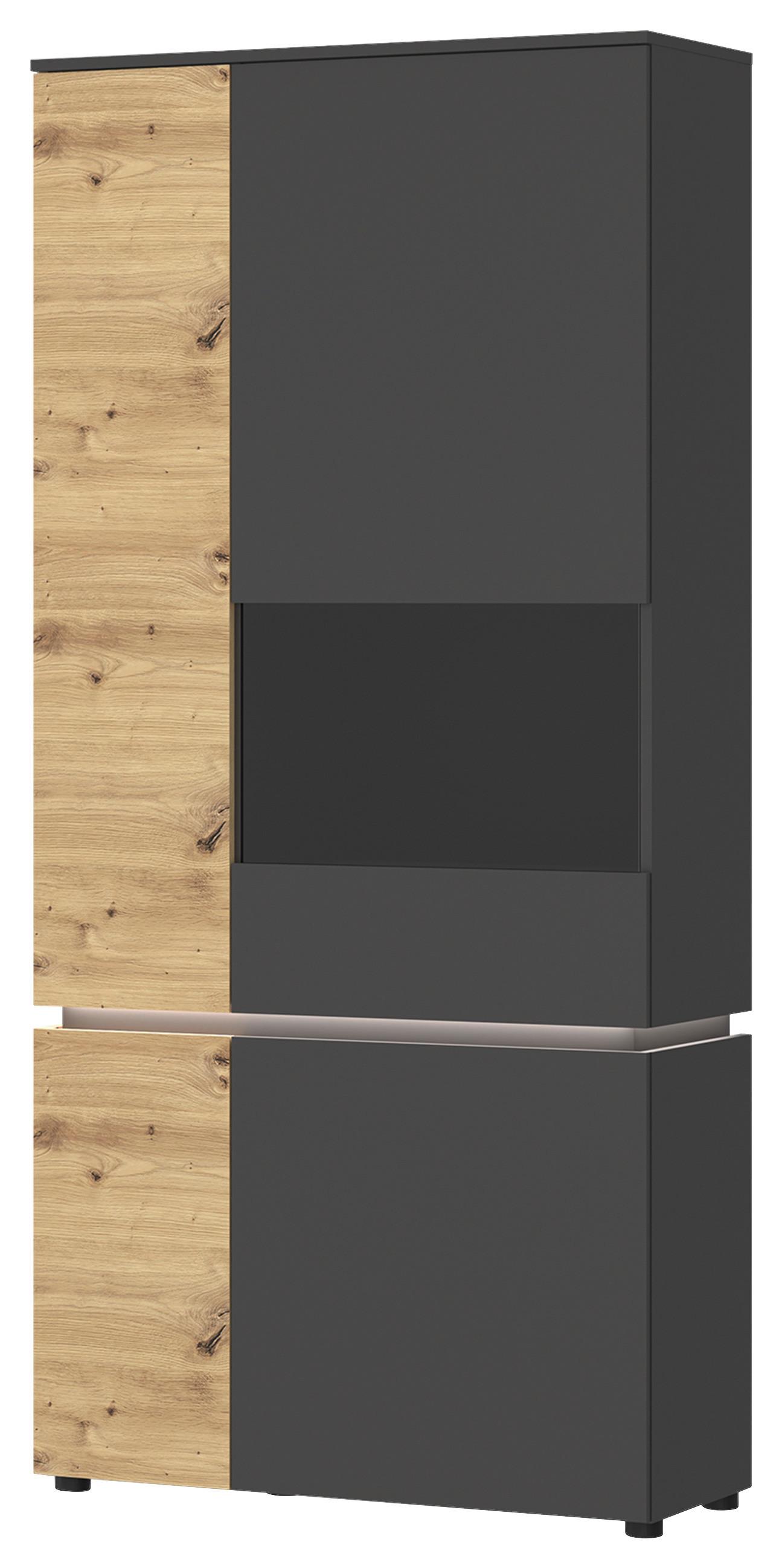 Vitrine Luci Grau Eiche Artisan/Grau B: 90,4 cm - Schwarz/Eiche Artisan, Trend, Glas/Holzwerkstoff (90,4/199/40cm) - MID.YOU