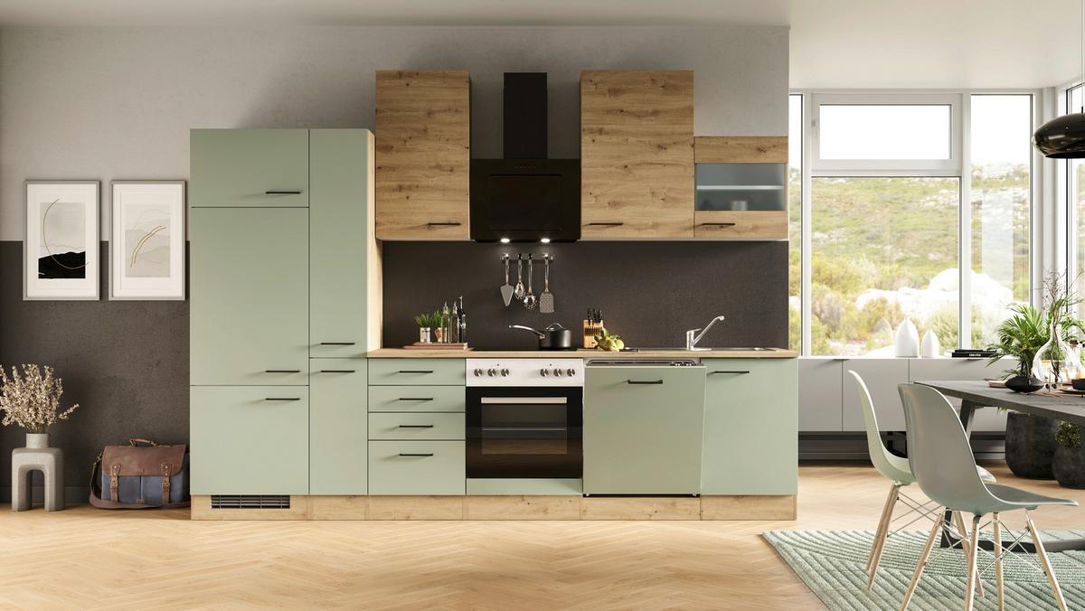 Küchenblock Cara Eiche Artisan/Grün B: 310 cm - Eiche Artisan/Grün, MODERN, Holzwerkstoff (310cm) - FlexWell