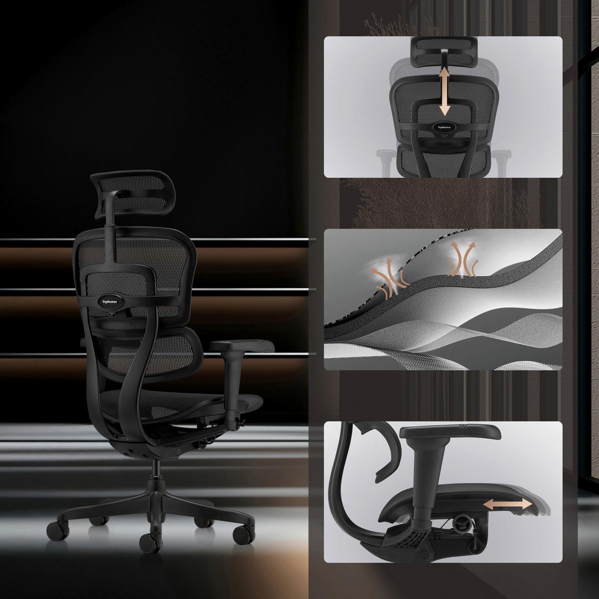 Drehstuhl Ergohuman Signature Schwarz B: 69 cm - Schwarz, MODERN, Kunststoff/Textil (69/119 - 138/65cm) - MID.YOU