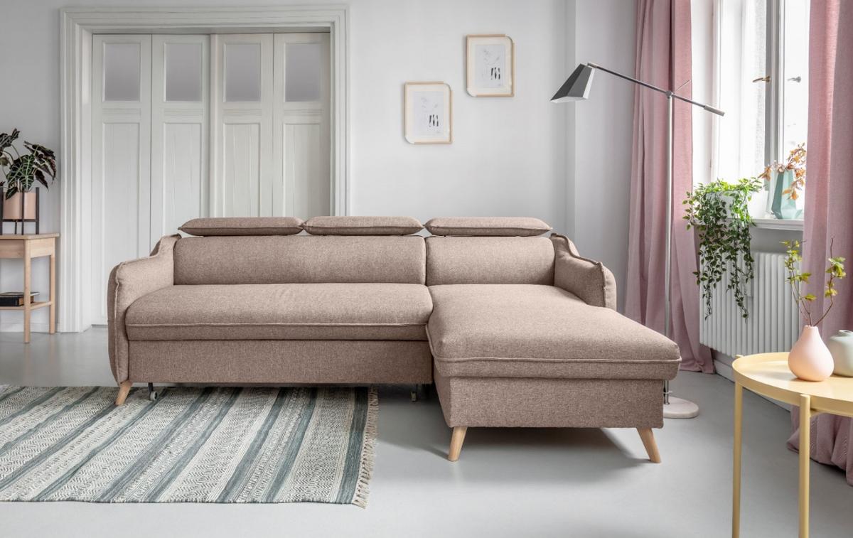 Rozkládací sedačka SIMONE, pravé provedení - přírodní barvy/béžová, Moderní, dřevo/textil (228/82/95/162cm)