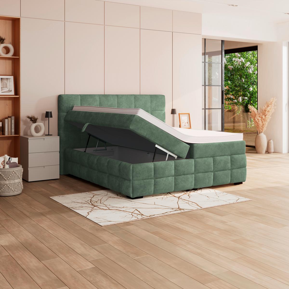 Čalúnená posteľ VEGA 160x200 cm, mätovozelená - čierna/zelená, Trend, drevo/textil (160/200cm)