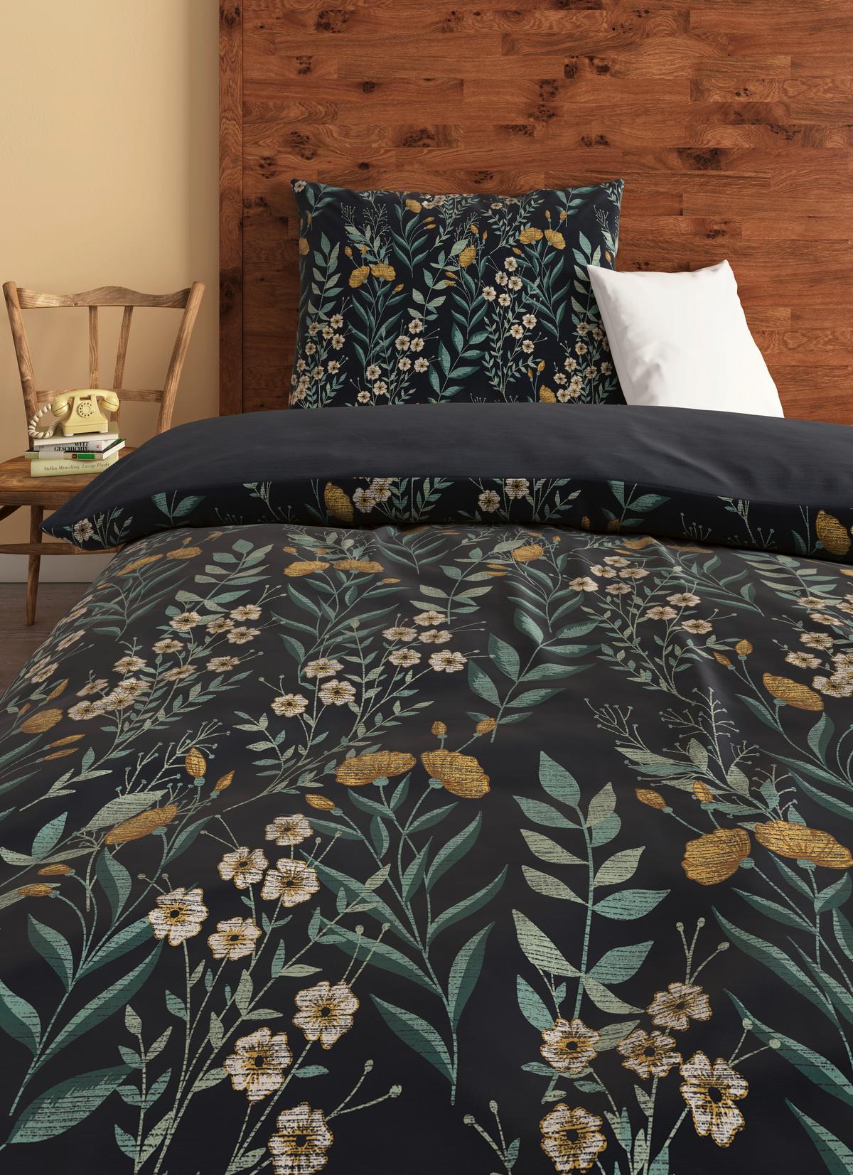 Satin Bettwäsche 140x200 cm Olivia Dunkelblau Blumen - Dunkelblau, ROMANTIK / LANDHAUS, Textil (140/200cm) - James Wood