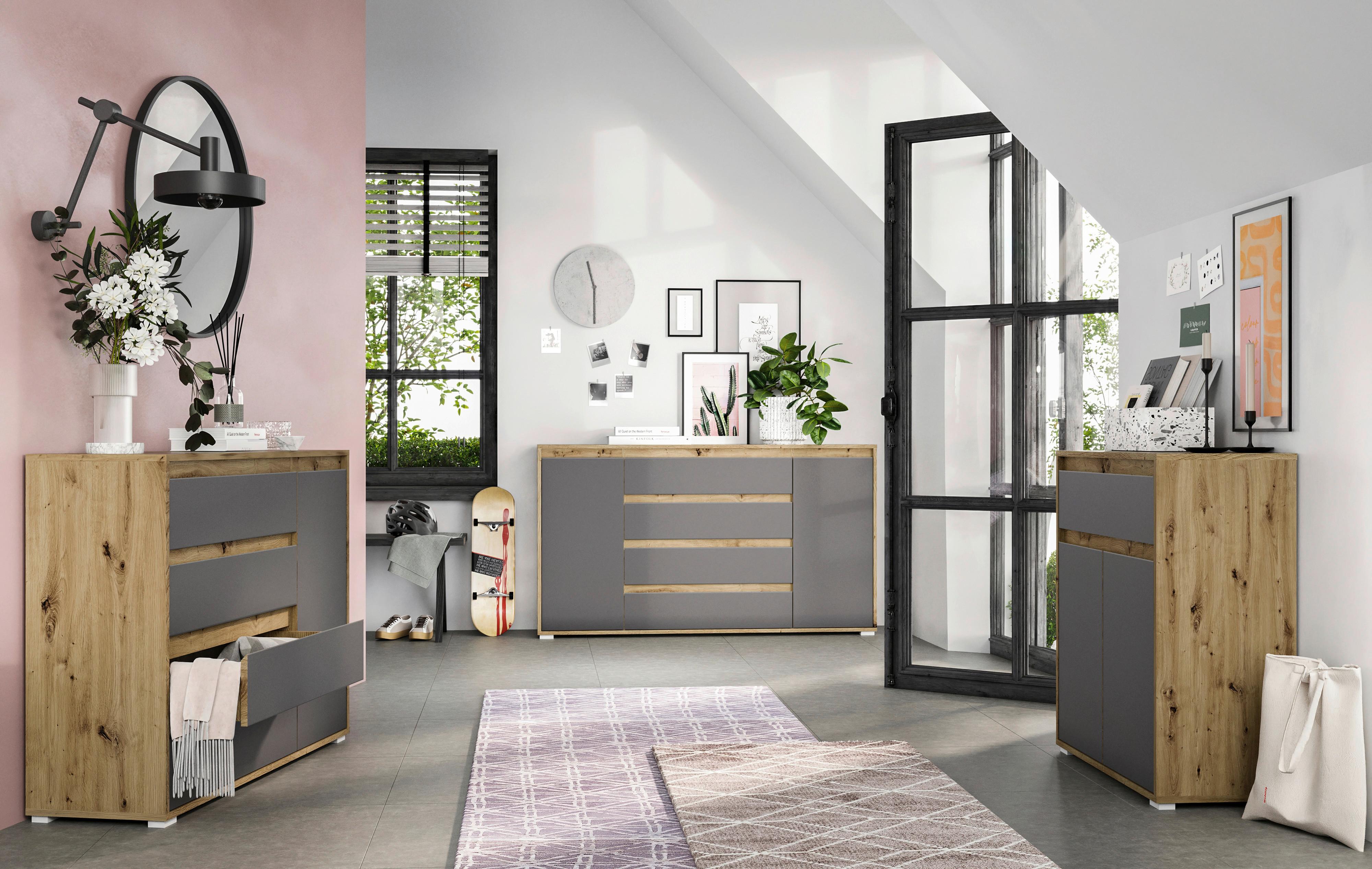 Kommode grifflos B: 76 cm Torino Eiche Dekor/Grau - Eichefarben/Silberfarben, MODERN (76/85/35cm)
