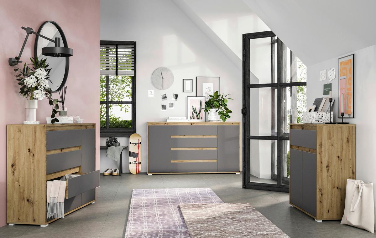 Kommode grifflos B: 76 cm Torino Eiche Dekor/Grau - Eichefarben/Silberfarben, MODERN (76/85/35cm)