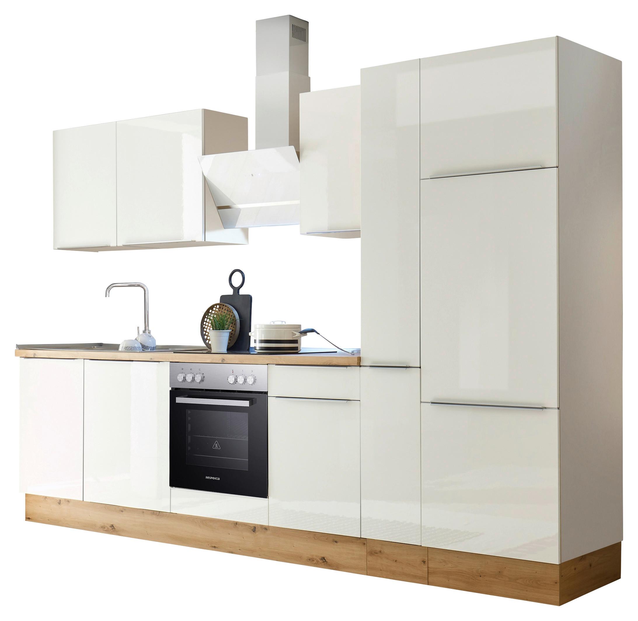 Küchenzeile mit Geräten B: 310 cm Weiß/Eiche Dekor - Weiß Hochglanz/Weiß, LIFESTYLE, Holzwerkstoff (310/211/60cm) - Respekta