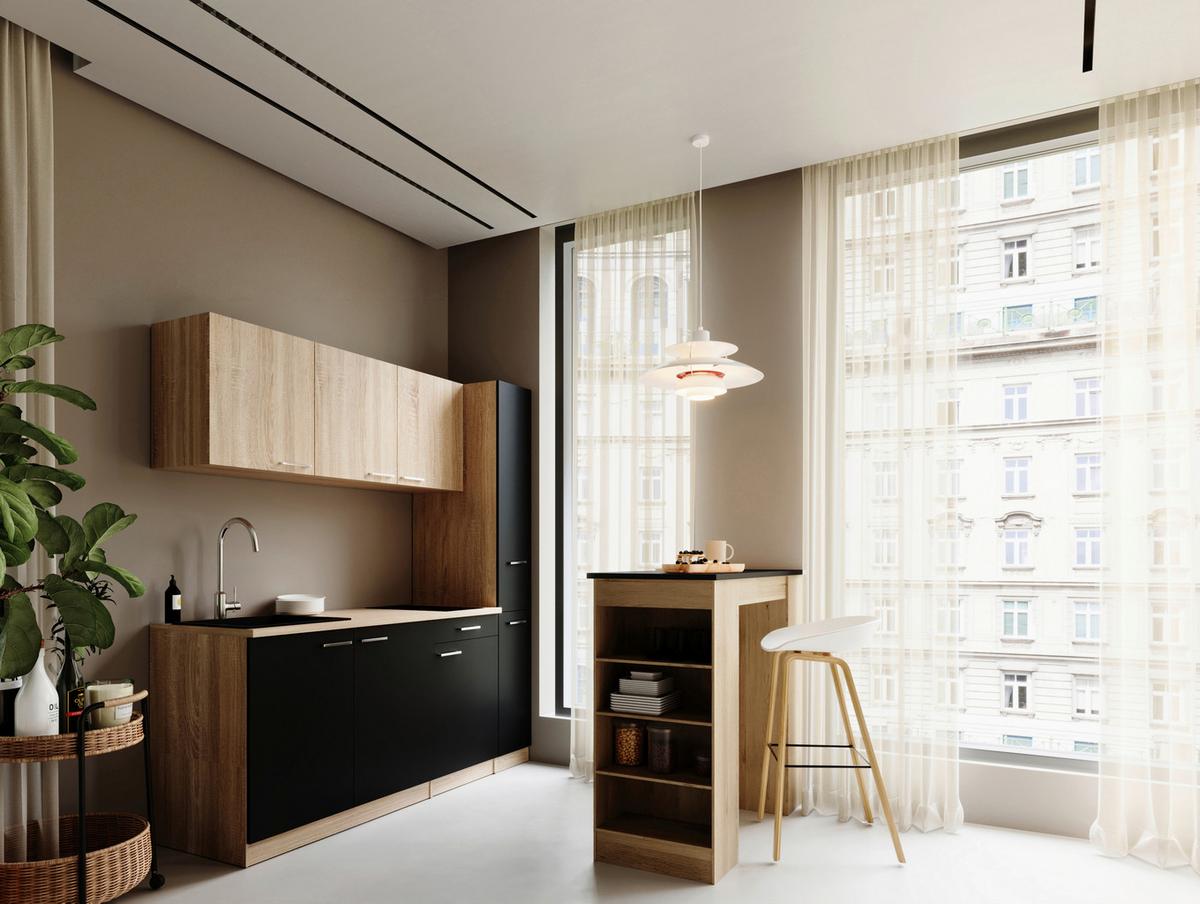 KÜCHENBLOCK Ingrid, Schwarz B: 180 cm - Eichefarben/Schwarz, Design, Holzwerkstoff (180cm) - Respekta