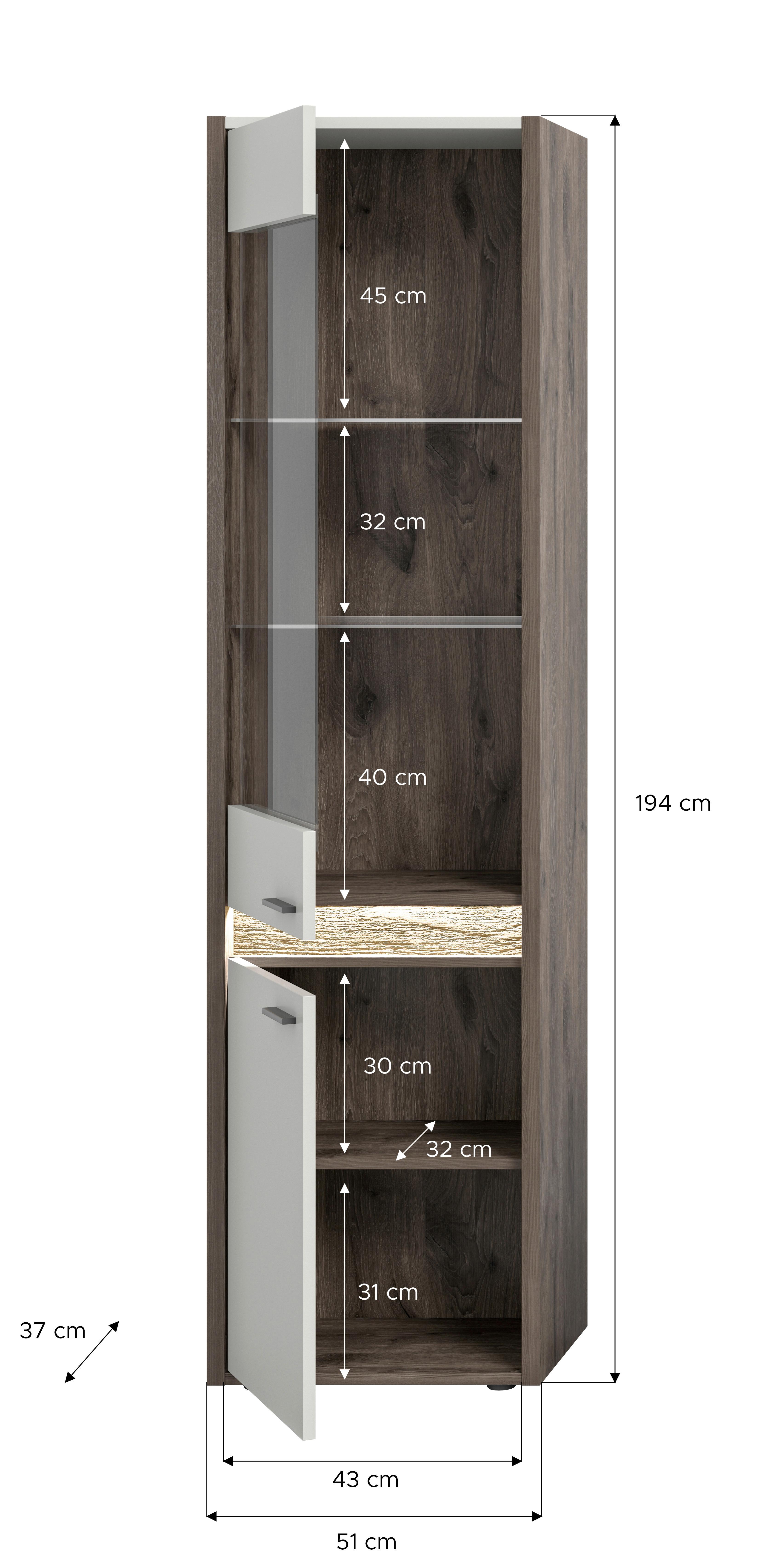 Vitrine Falcona Nox Oak Hellgrau B: 198 cm - Design, Glas/Holzwerkstoff (198/51/37cm) - MID.YOU